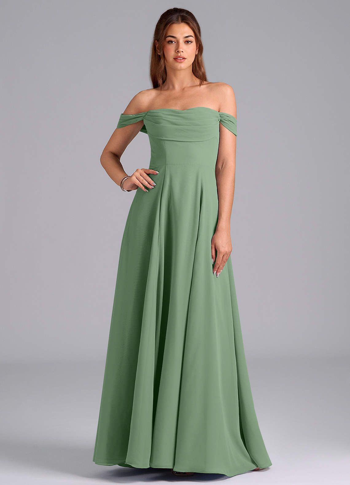 Azazie Almina Jurken voor bruidsmeisjes Converteerbaar Jurk van Chiffon met A-Lijn Off the Shoulder Matcha image1