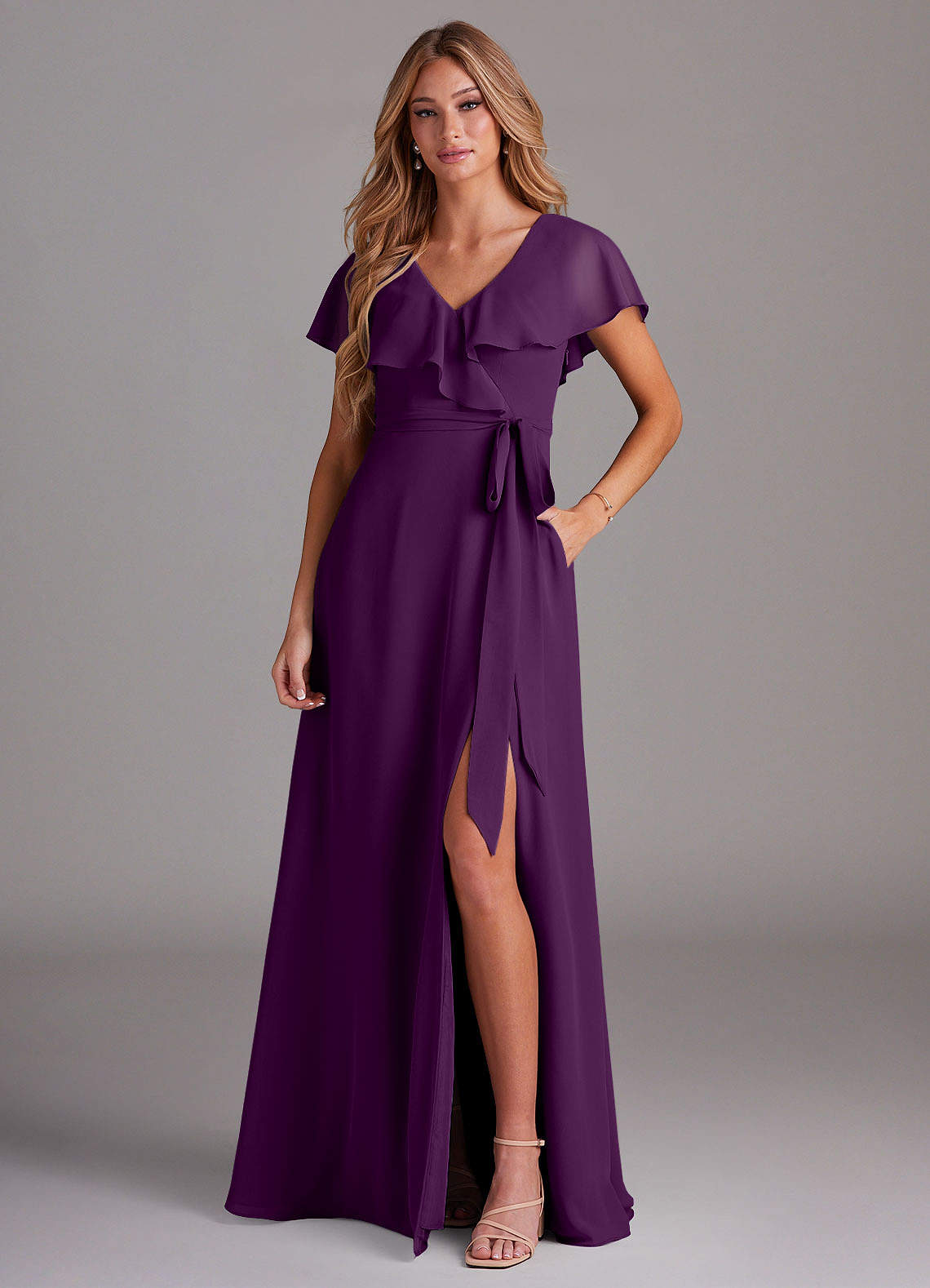 Azazie Lainey Brautjungfernkleider A-Linie mit Taschen Chiffon Kleid Traube image1