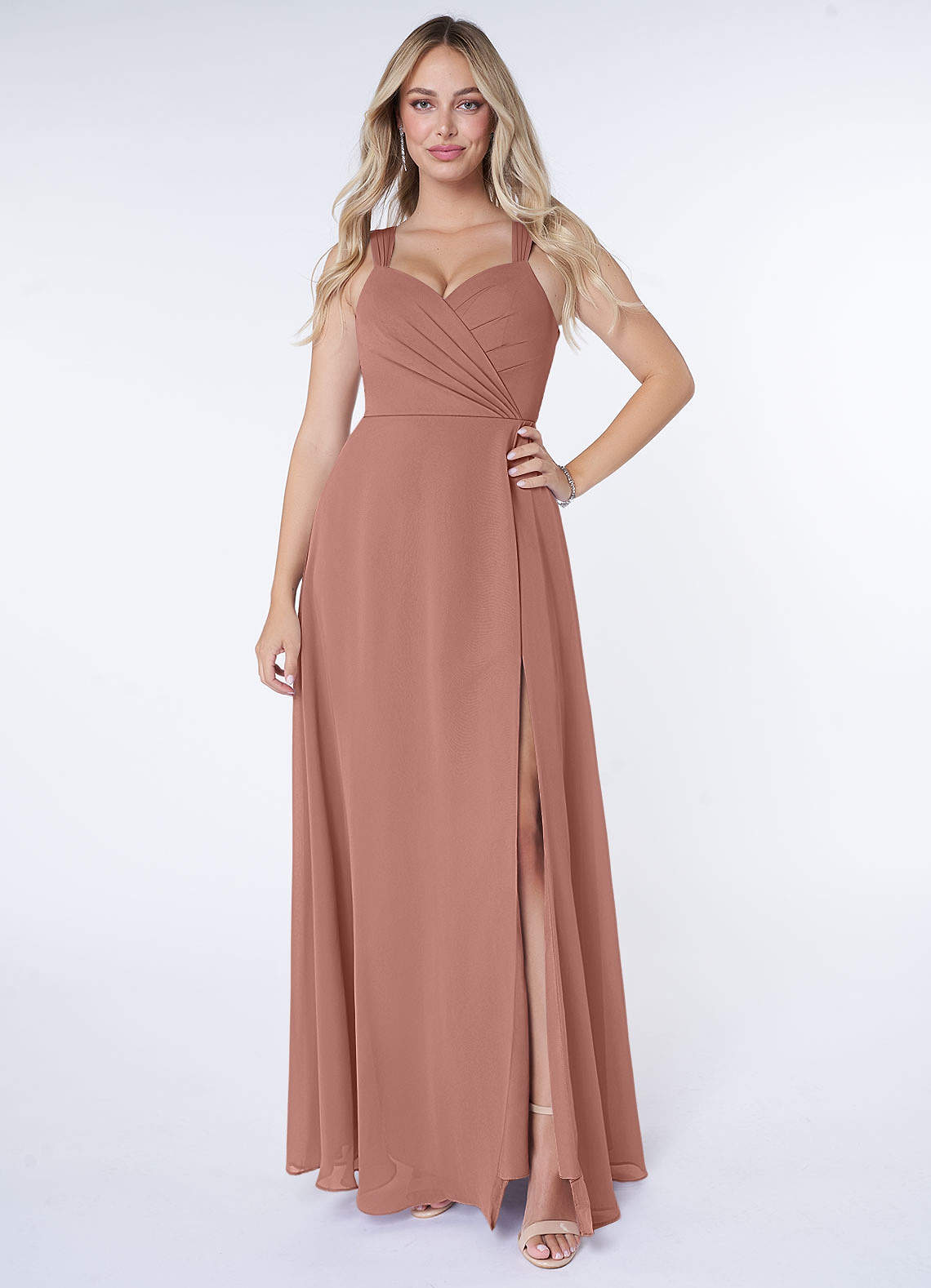 Azazie Nahrin At-home Try On Dresses Matcha A-Line V-Neck Pleated Chiffon Dress image1