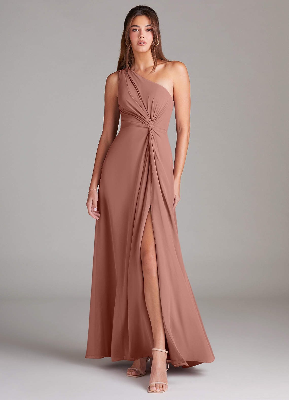 Azazie Brooke Bridesmaid Dresses Cedar Rose A-Line One Shoulder Chiffon Dress image1