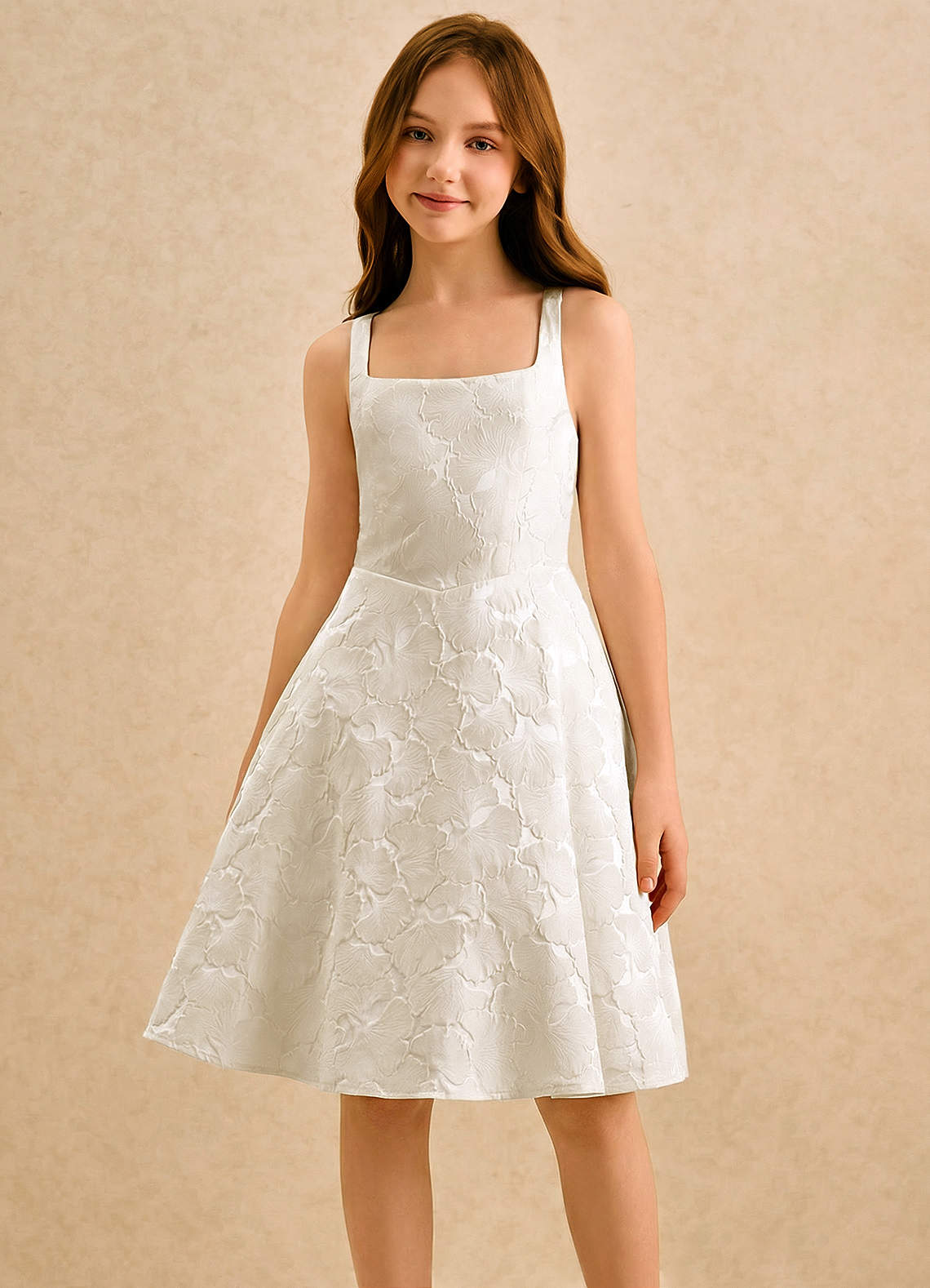 Azazie Peppy Girls Formal vestidos de niña de las flores Vestido de Blanco Francés de Jacquard Floral de Corte en A con Lazo image4
