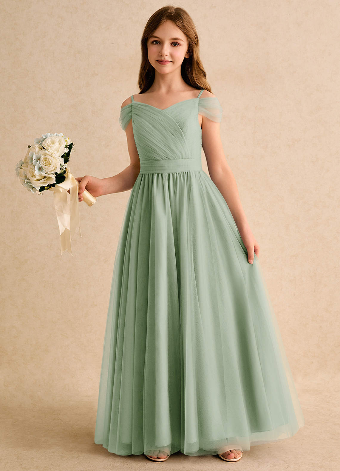 Azazie Yuna Junior Formal Flower Girl Dresses Dusty Sage A-Line Off the Shoulder Tulle Dress image4