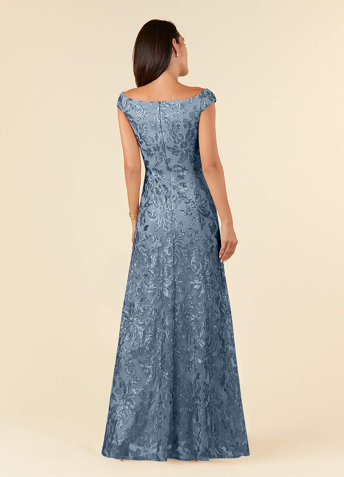 Azazie Porcelain Mother of the Bride Dresses Dusty Blue A-Line Off the Shoulder Lace Dress image3