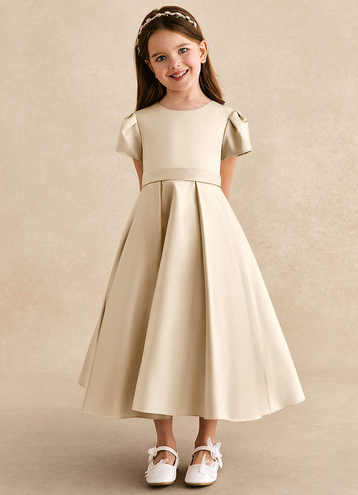 Azazie Princess Flower Girl Dresses Champagne A-Line Pleated Matte Satin Dress image5