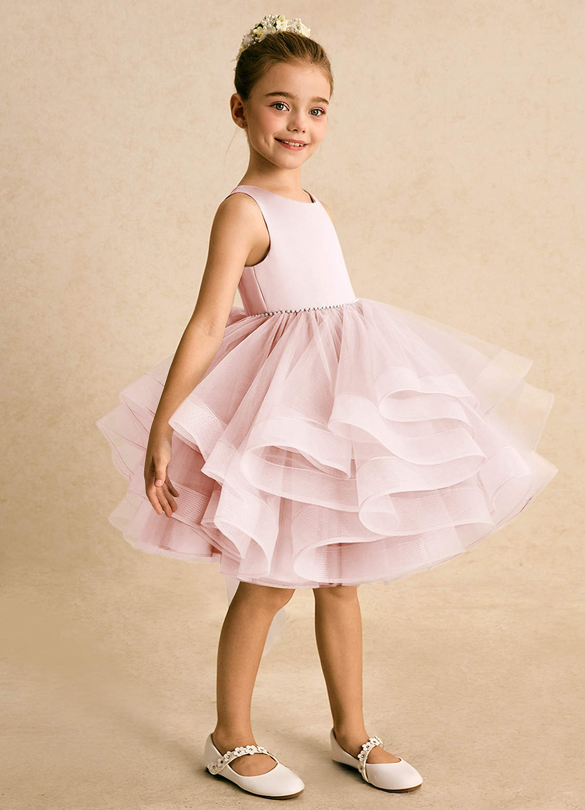 Azazie Tinie Flower Girl Dresses Blushing Pink Ball-Gown Bow Tulle Dress image3