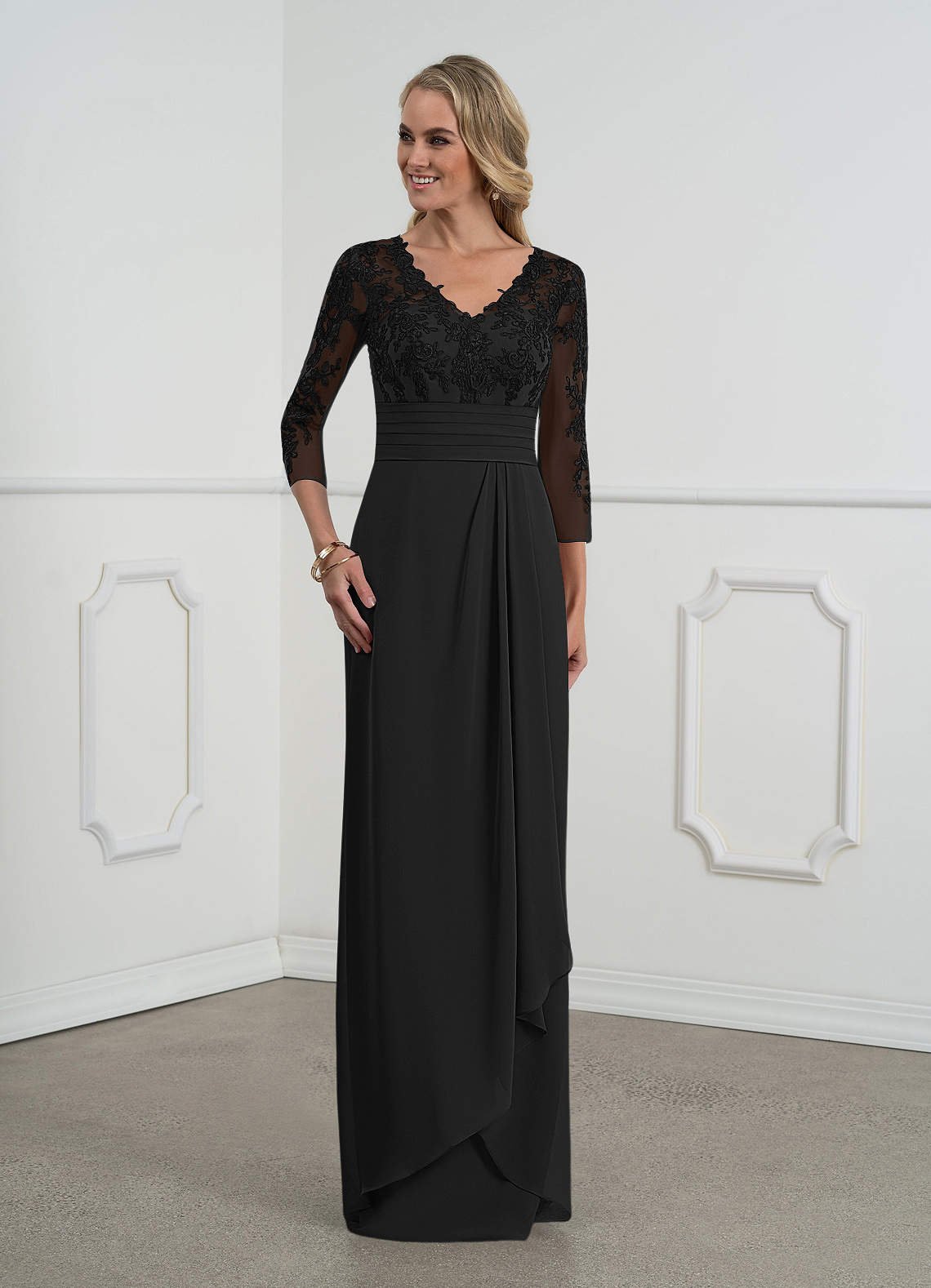 Black Azazie Joan Sheath V-Neck Lace Chiffon Floor-Length Dress | Azazie