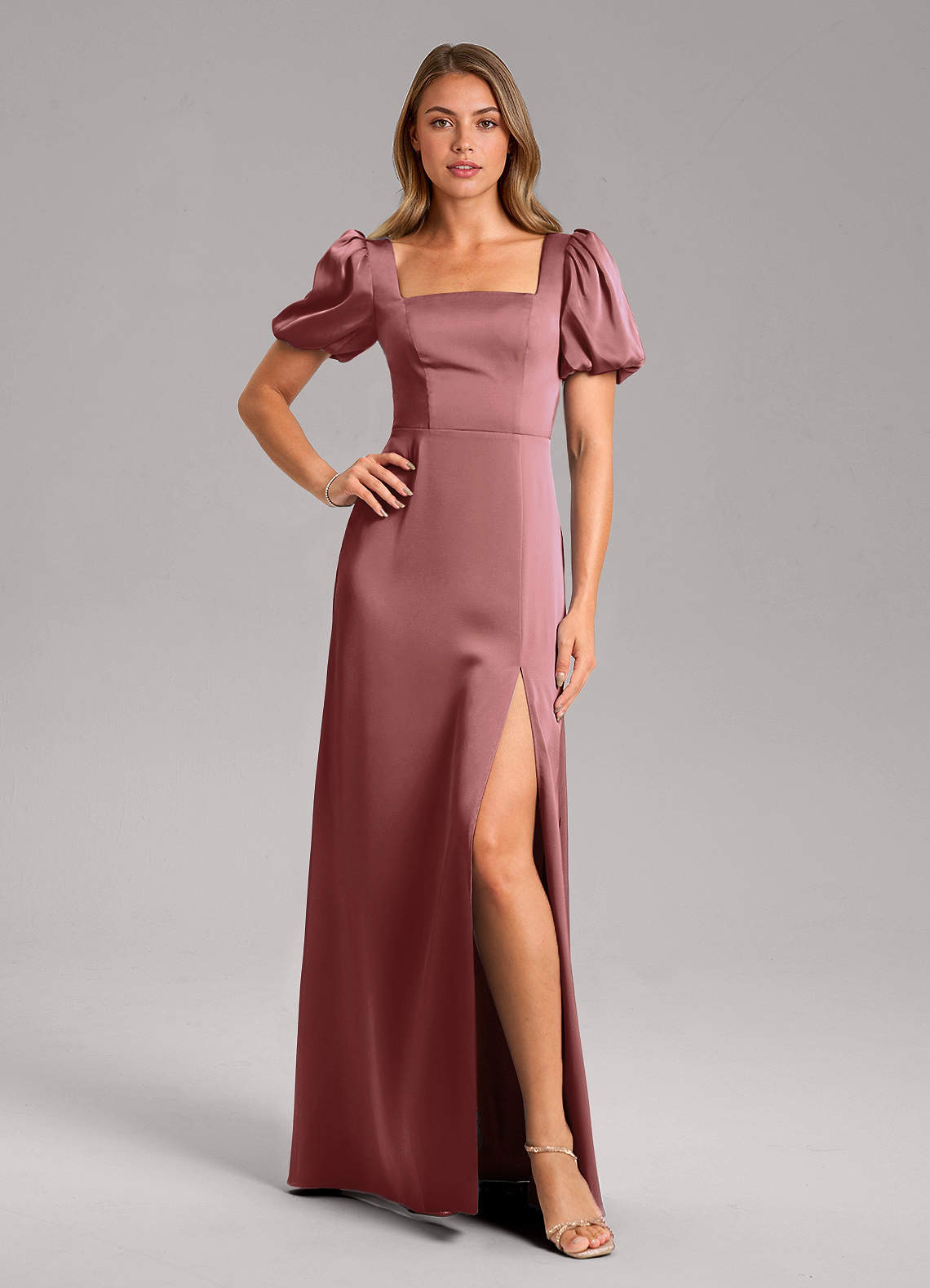 Azazie Fyona Bridesmaid Dresses Amethyst A-Line Pleated Stretch Satin Dress image1