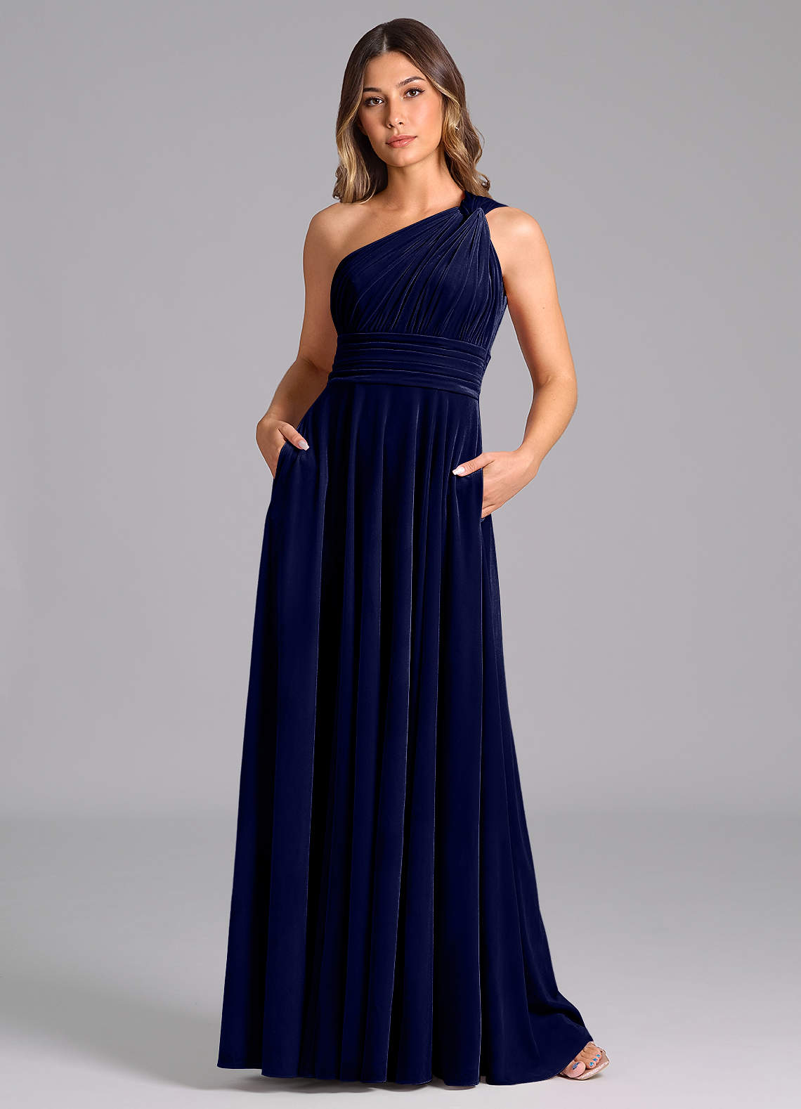 Azazie Charlize Bridesmaid Dresses Dark Navy A-Line One Shoulder Velvet Dress image2