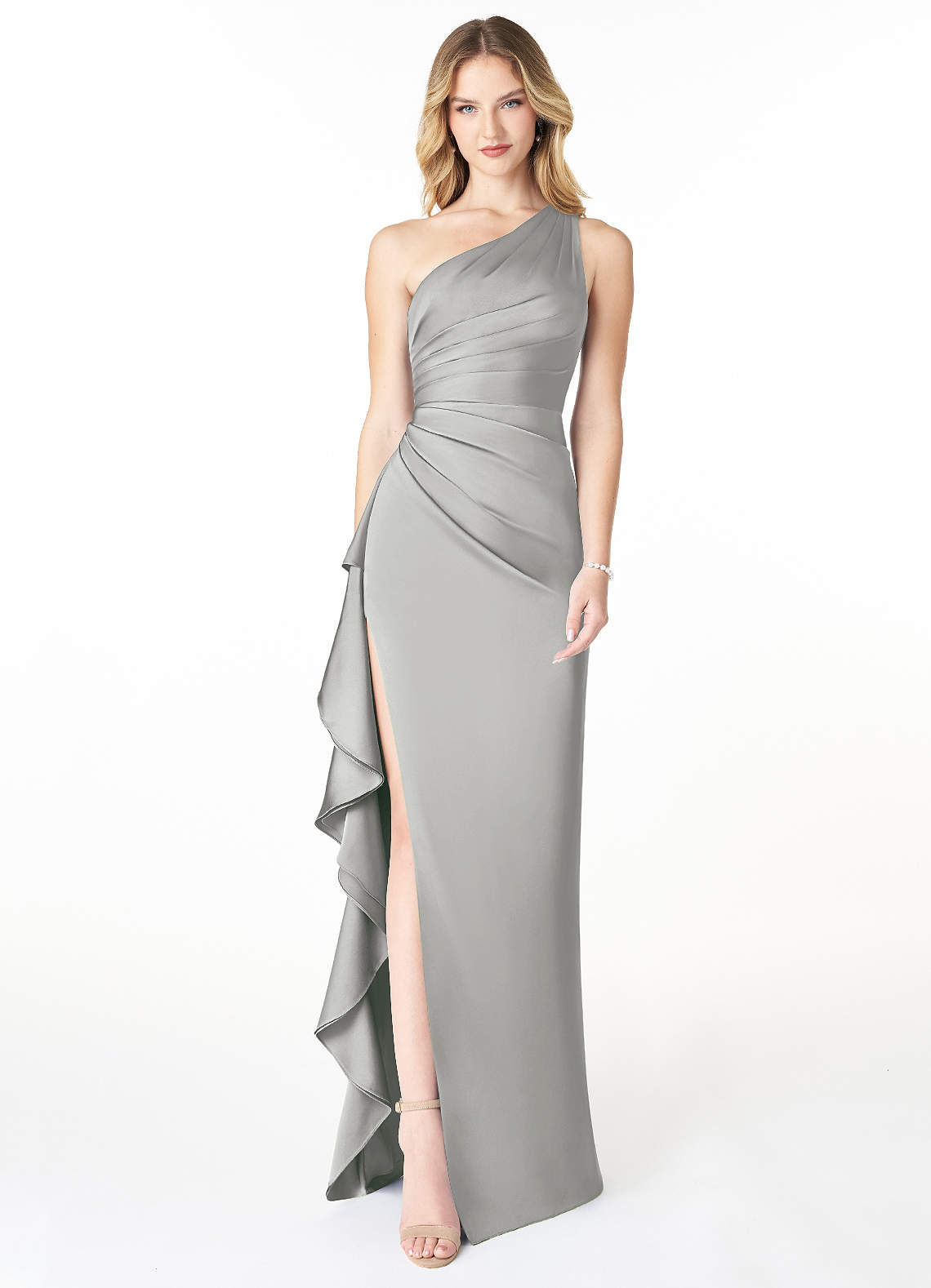Azazie Latrice Bridesmaid Dresses Silver Sheath One Shoulder Cascading Ruffles Stretch Satin Dress image1