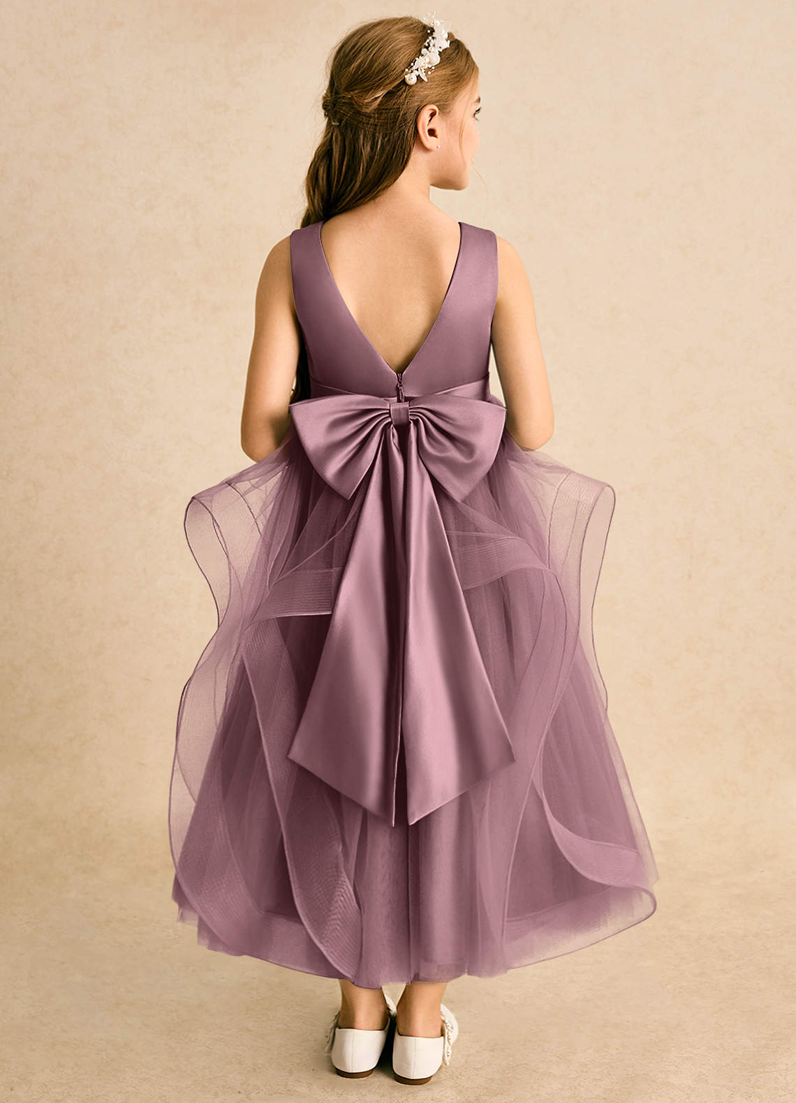 Azazie Vana Abiti da Ragazza di Fiori Abito Principessa in Tulle Fiocco Vintage Malva image1