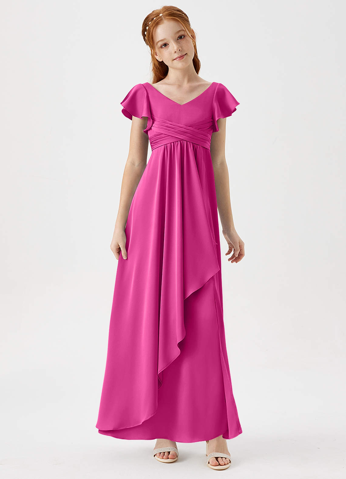 Azazie Omari Junior Fuchsia A-Line Pleated Stretch Satin Dress image1