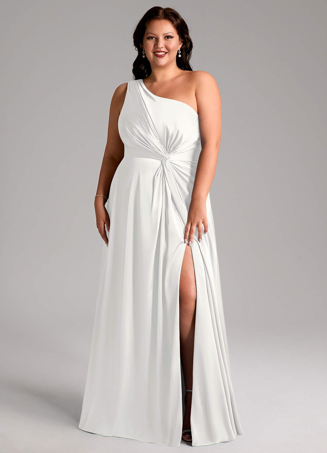 Azazie Brooke Vestidos de damas de honor Vestido de Blanco de Satén Elástico de Corte en A con Hombro unilateral image1