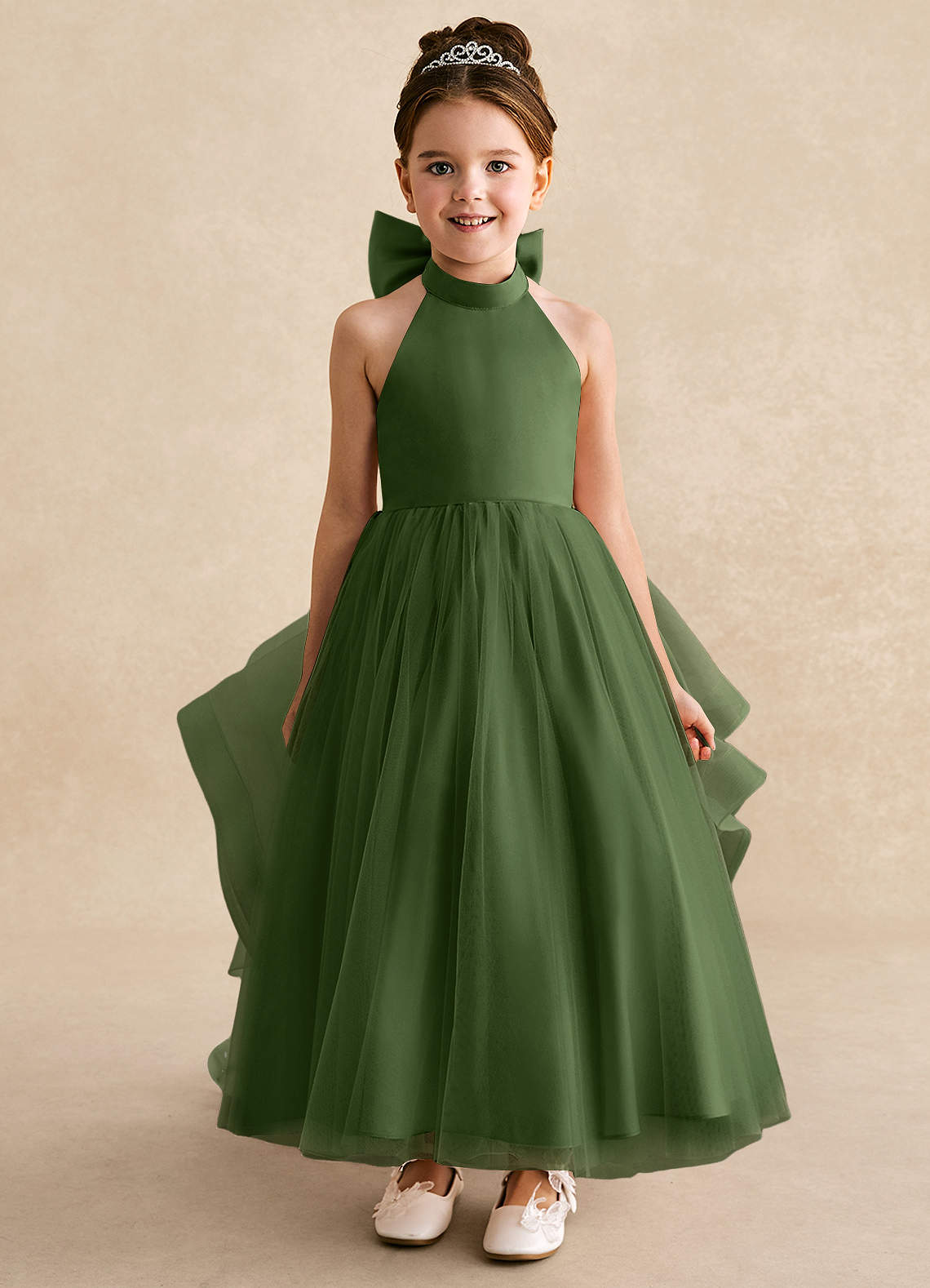 Azazie Bev Flower Girl Dresses Olive A-Line Convertible Tulle Dress image2
