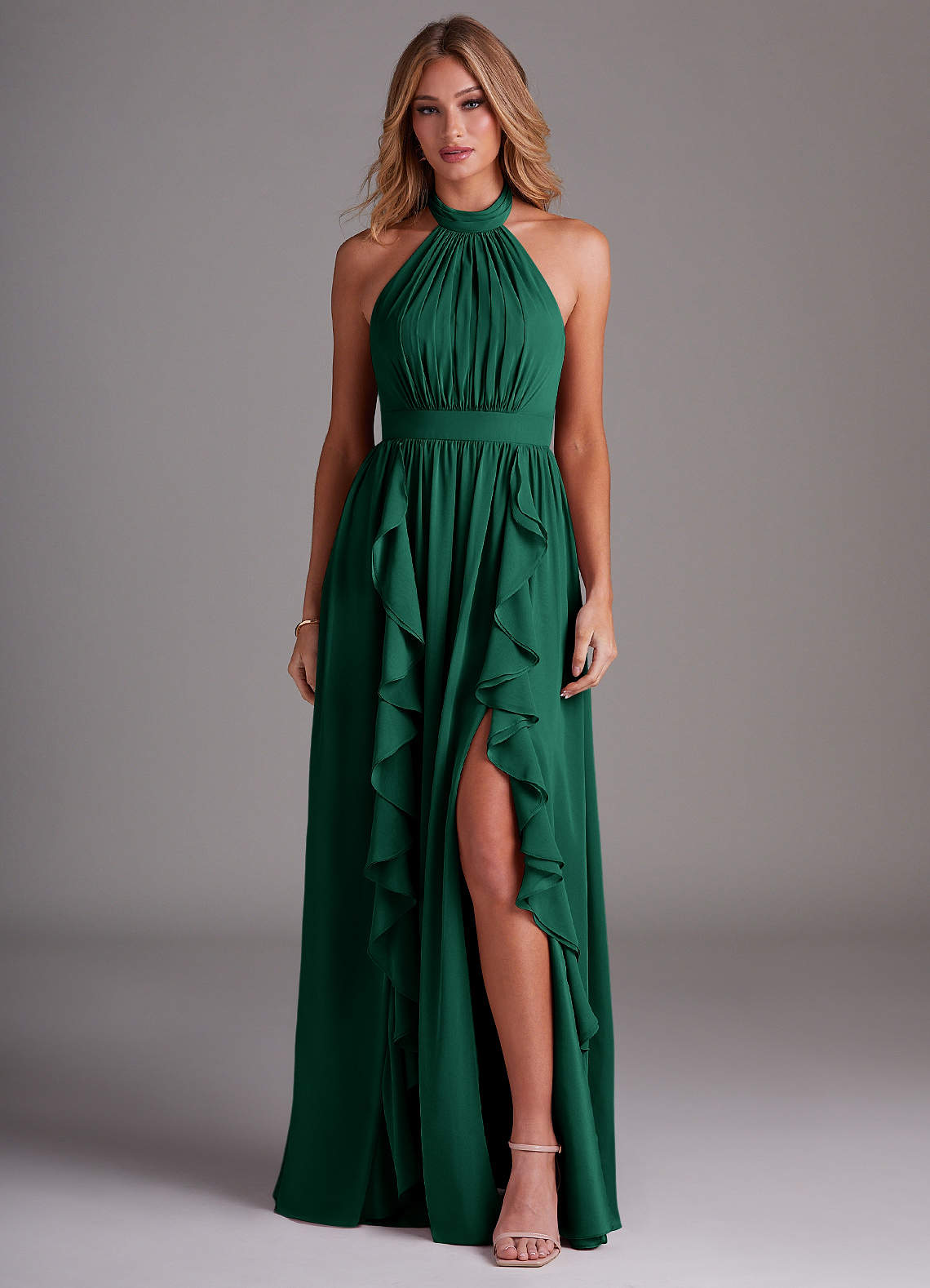 Azazie Avary Bridesmaid Dresses Emerald A-Line Pleated Chiffon Dress image1