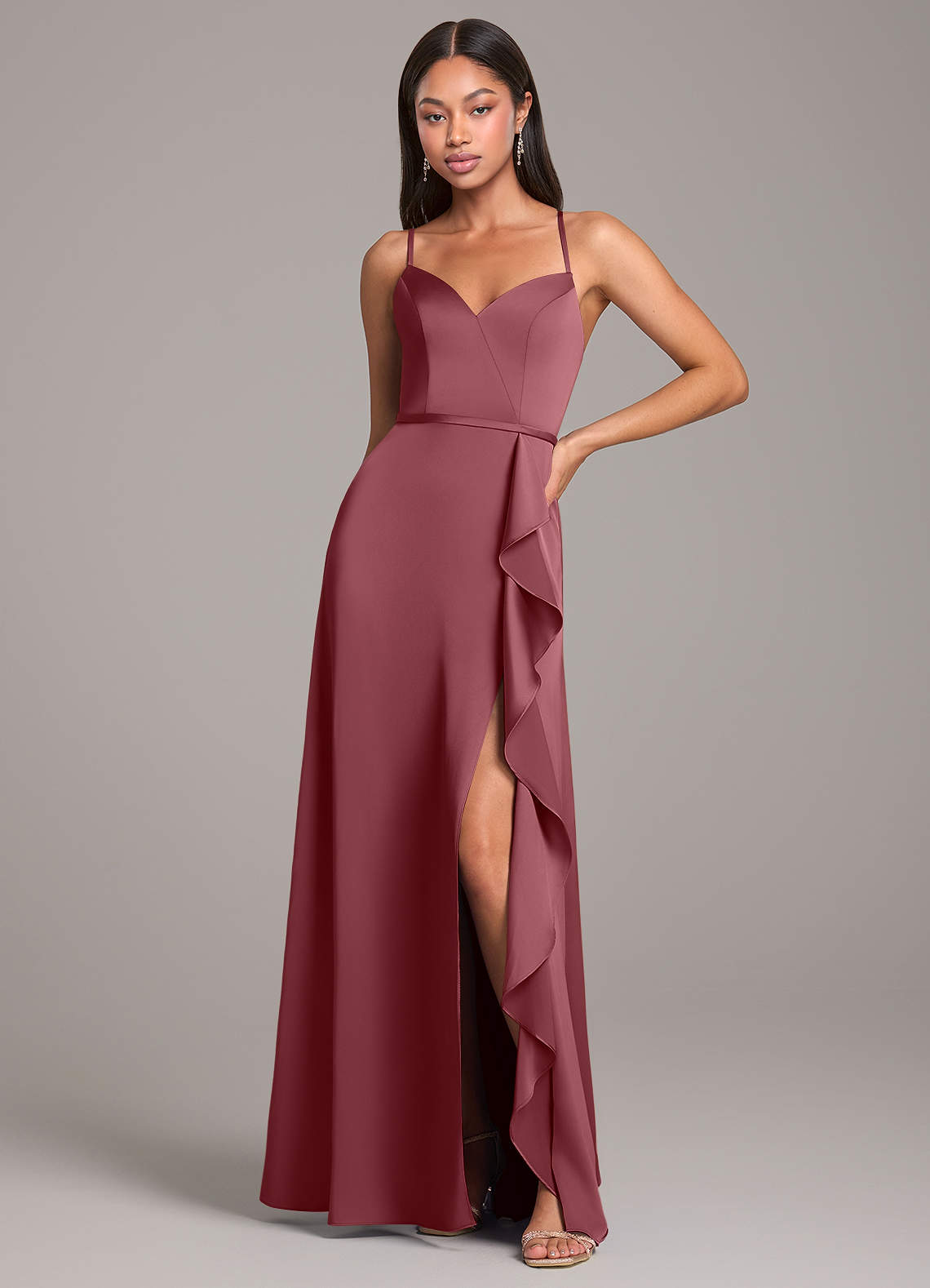 Azazie Naeem Robes de demoiselle d'honneur Robe Trapèze en Satin extensible Rose Du Désert image1