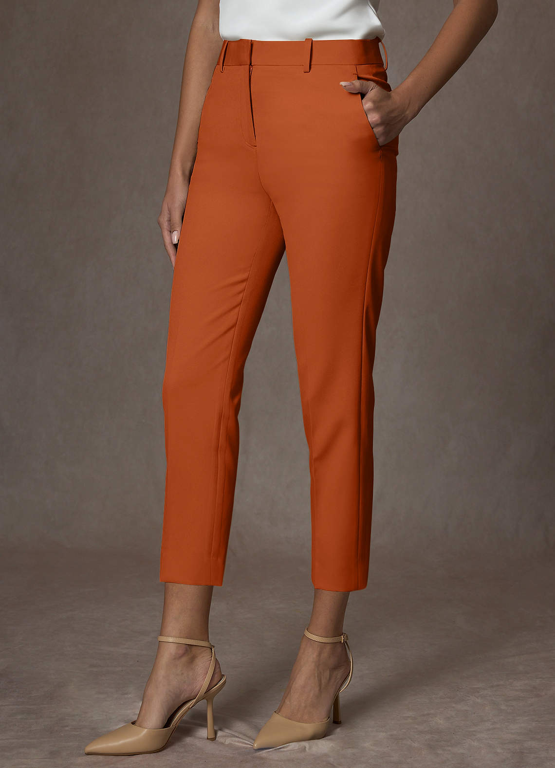 front Whitney Burnt Orange Structured Stretch Cropped Dress Pants