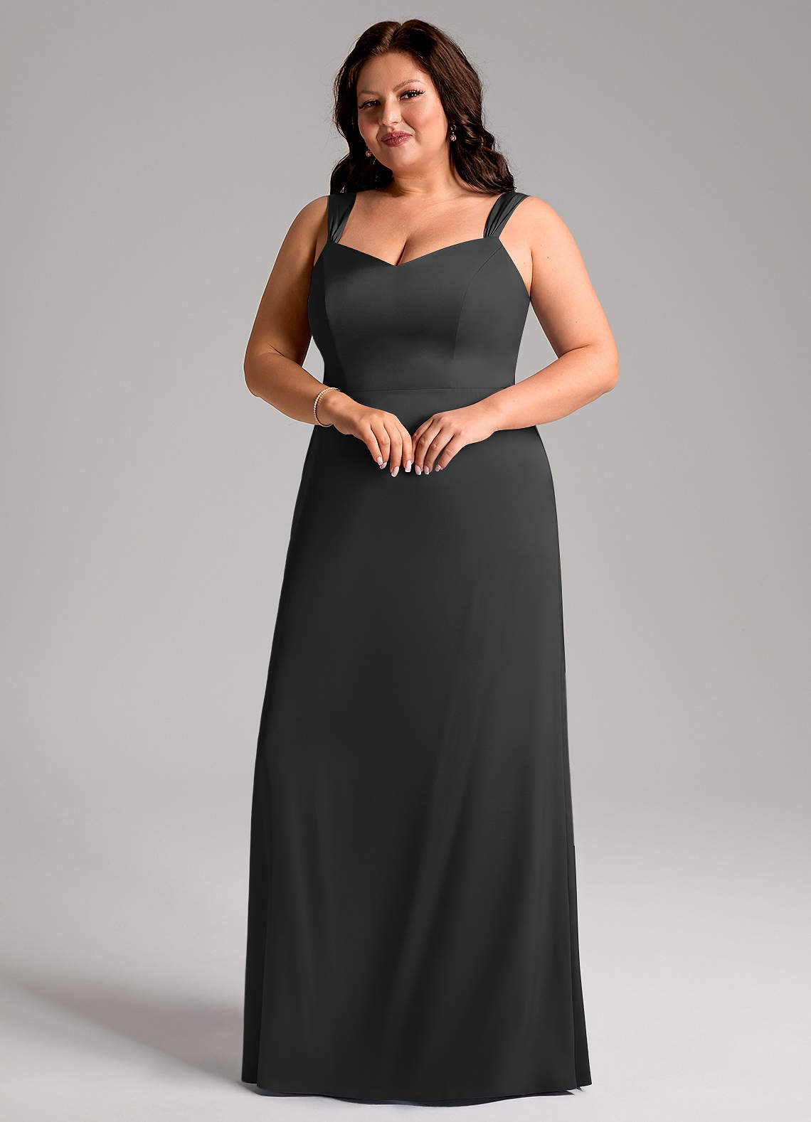 Azazie Denice At-home Try On Dresses Black Sheath Pleated Stretch Satin Dress image5