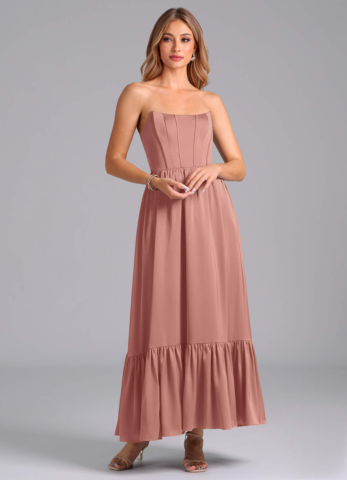 Azazie Leilana Vestidos de damas de honor Vestido de Rosetón de Satén Elástico de Corte en A con Corsé image1