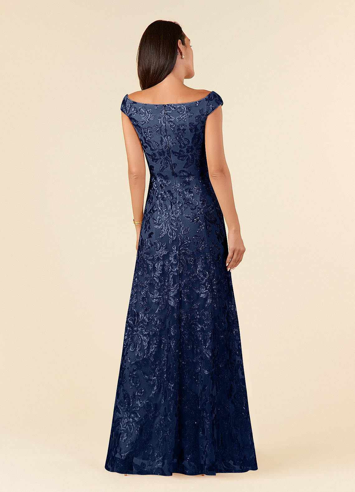 Azazie Porcelain Mother of the Bride Dresses Dark Navy A-Line Off the Shoulder Lace Dress image3