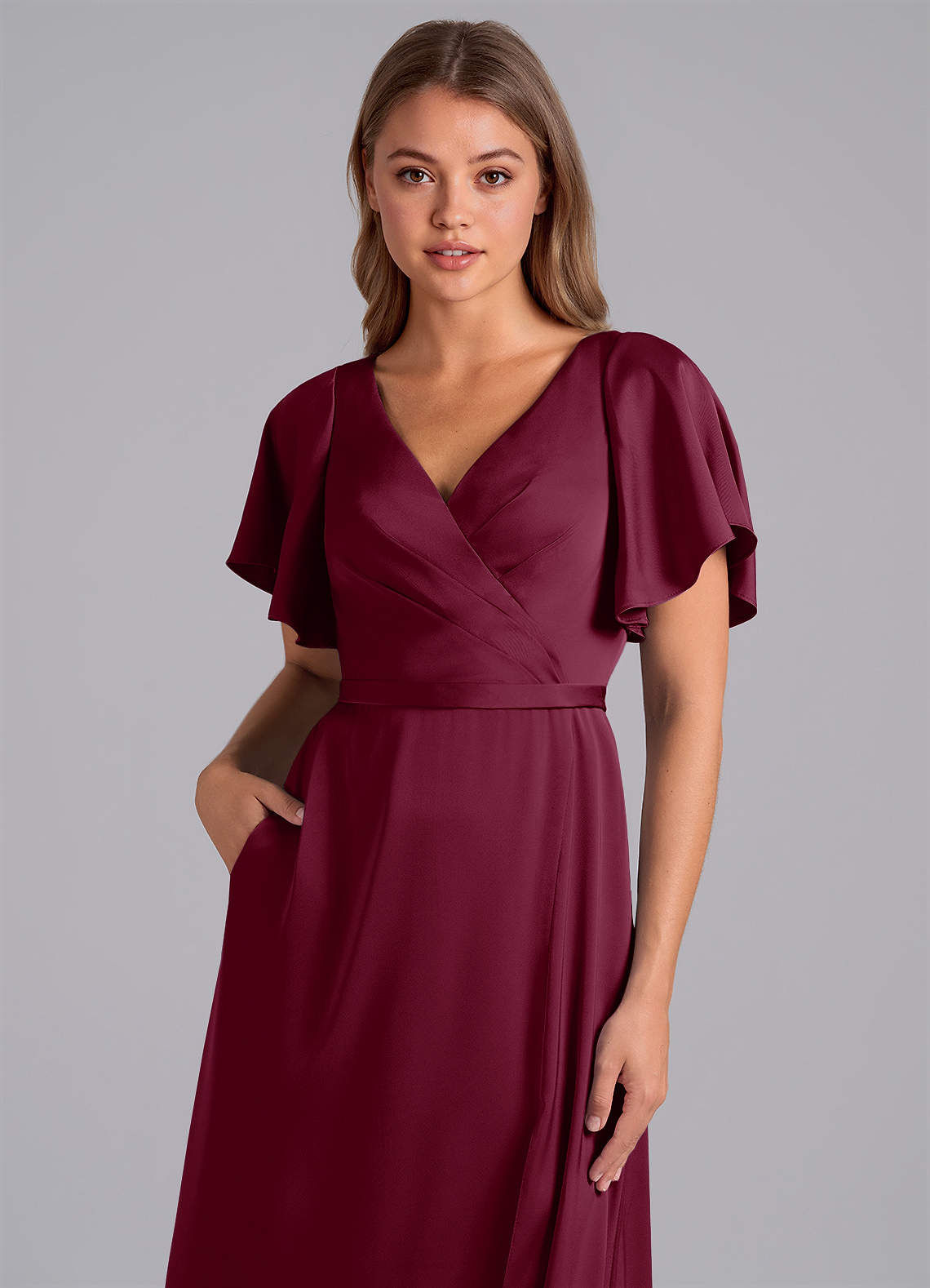 Azazie Ambrosia Bridesmaid Dresses Mulberry A-Line Pleated Stretch Satin Dress image1