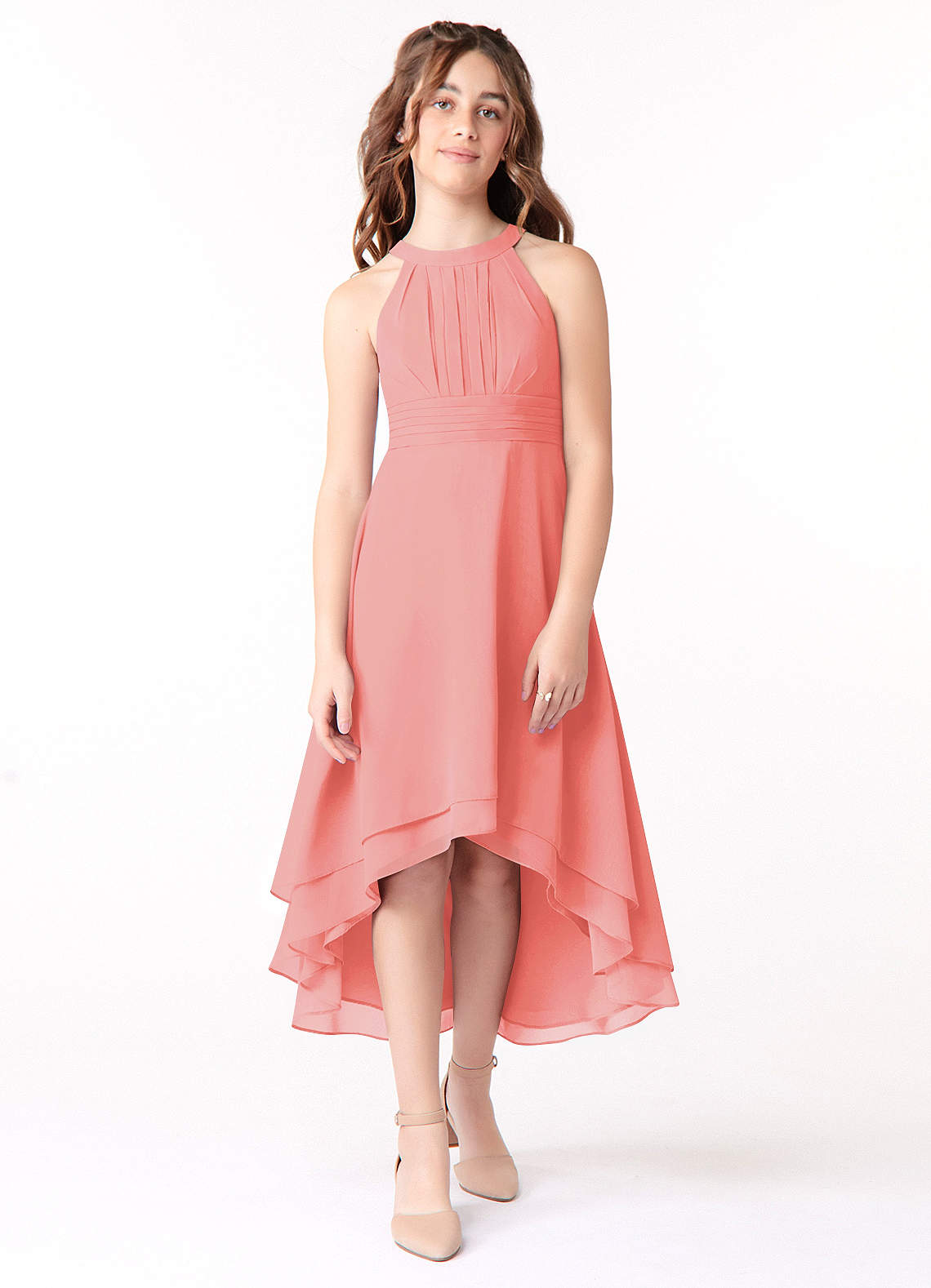 Azazie Linna Junior Coral A-Line Pleated Chiffon Dress image1