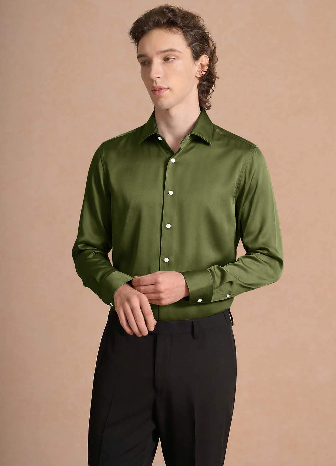 front Julian Olive Chemise habillée en satin stretch