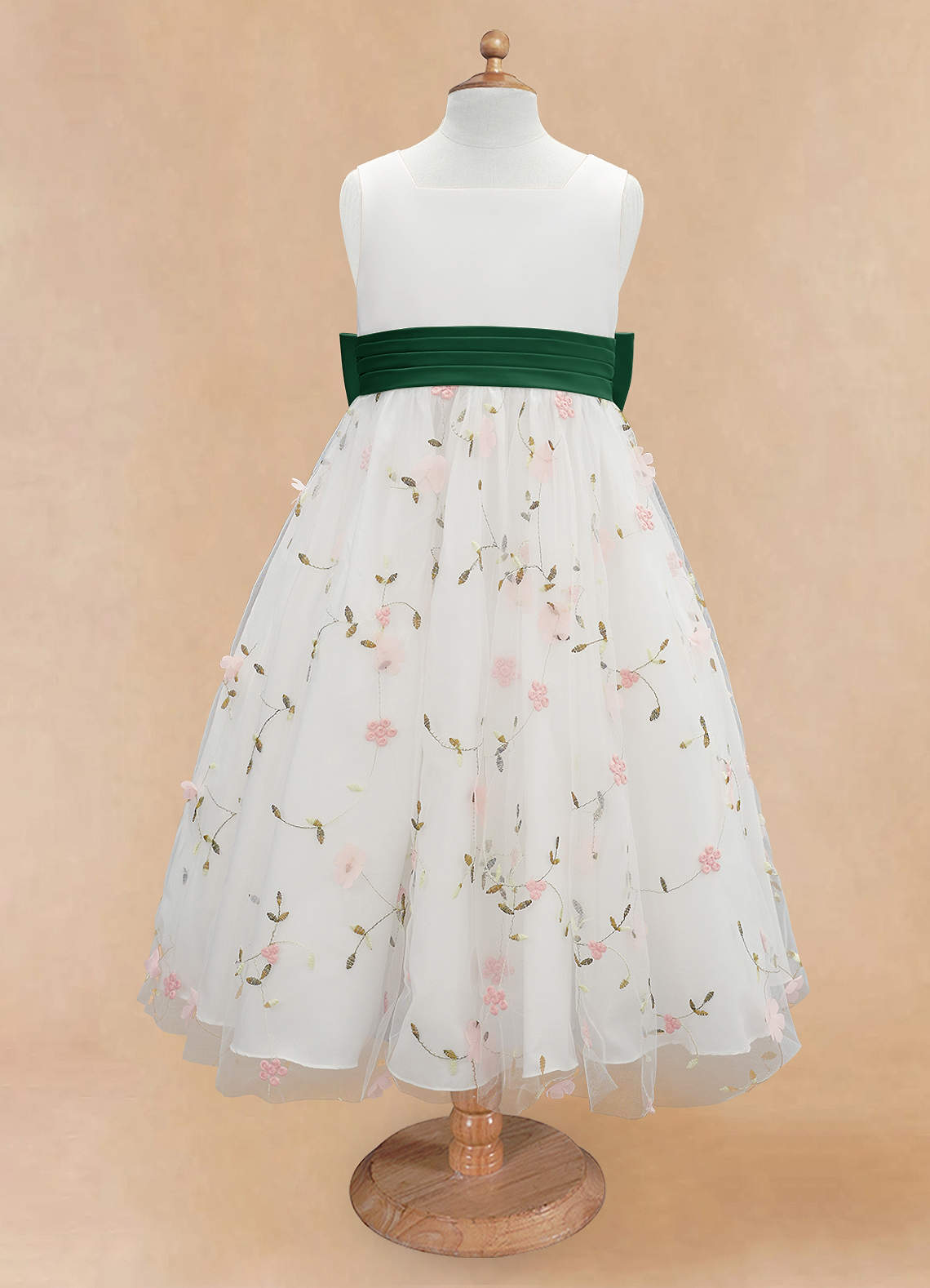 Azazie Pollie Flower Girl Dresses Blushing Pink Dark Green A-Line Bow Tulle Dress image10