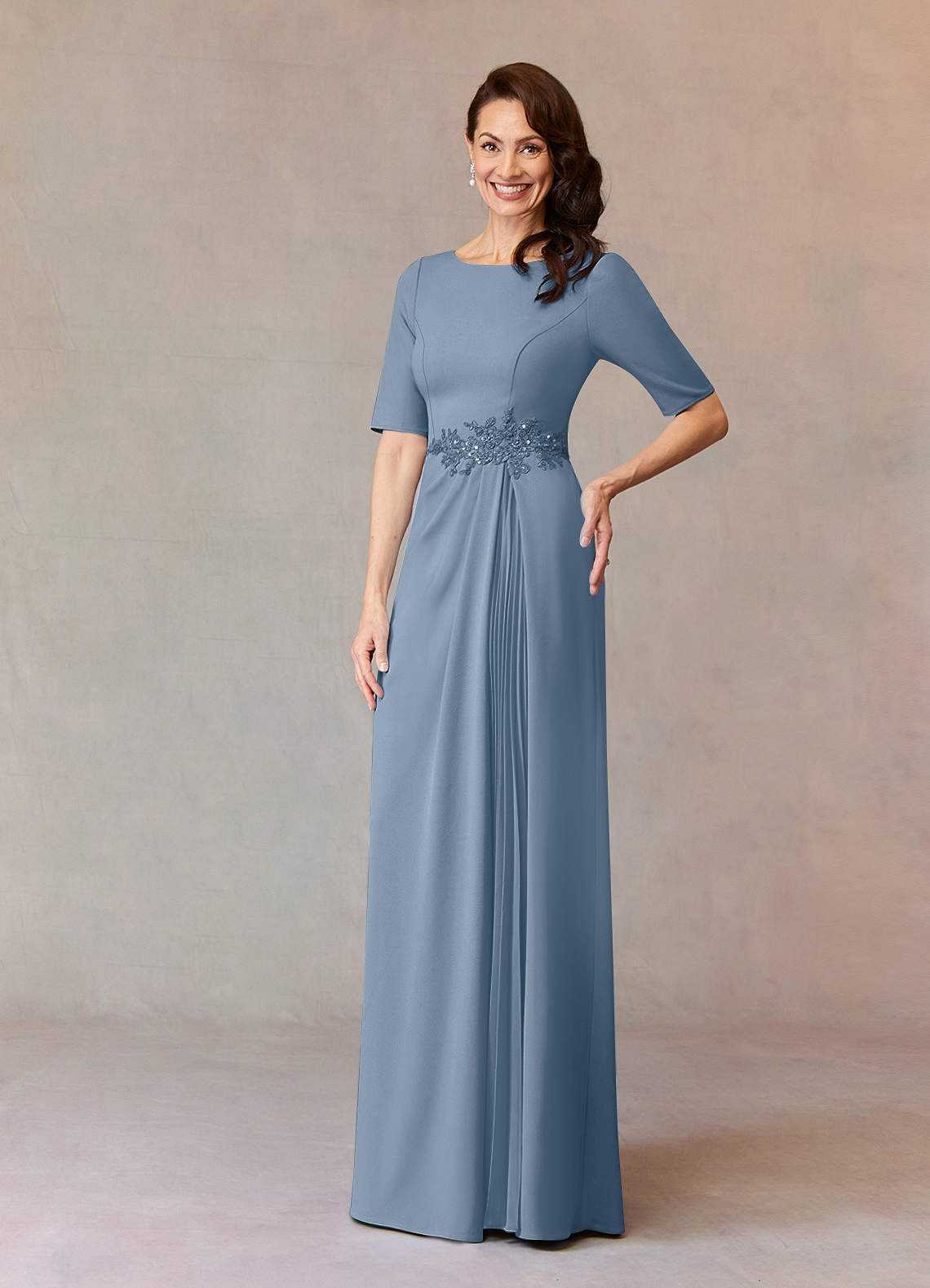 Azazie Joelle At-home Try On Dresses Dusty Blue A-Line Sequins Stretch Crepe Dress image1