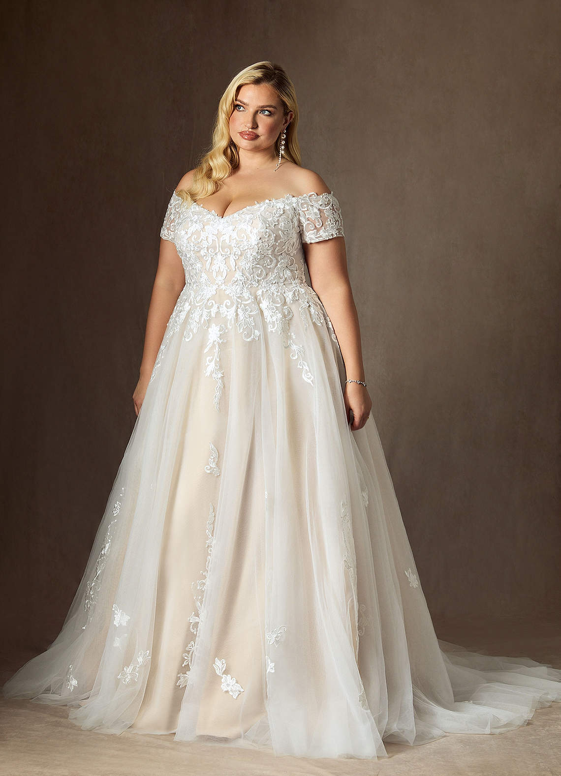 Azazie Rowe Wedding Dresses Diamond White Champagne Ball-Gown Off the Shoulder Tulle Dress image10