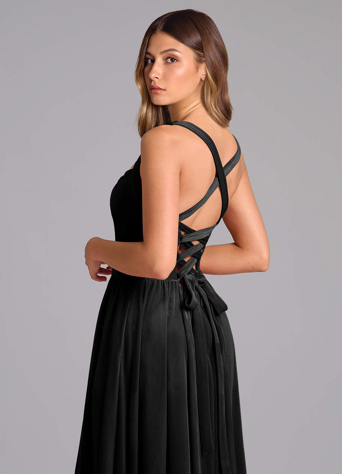 Azazie Francis Vestidos de madrinha de casamento Vestido Preto de Veludo de Linha A com Espartilho image1