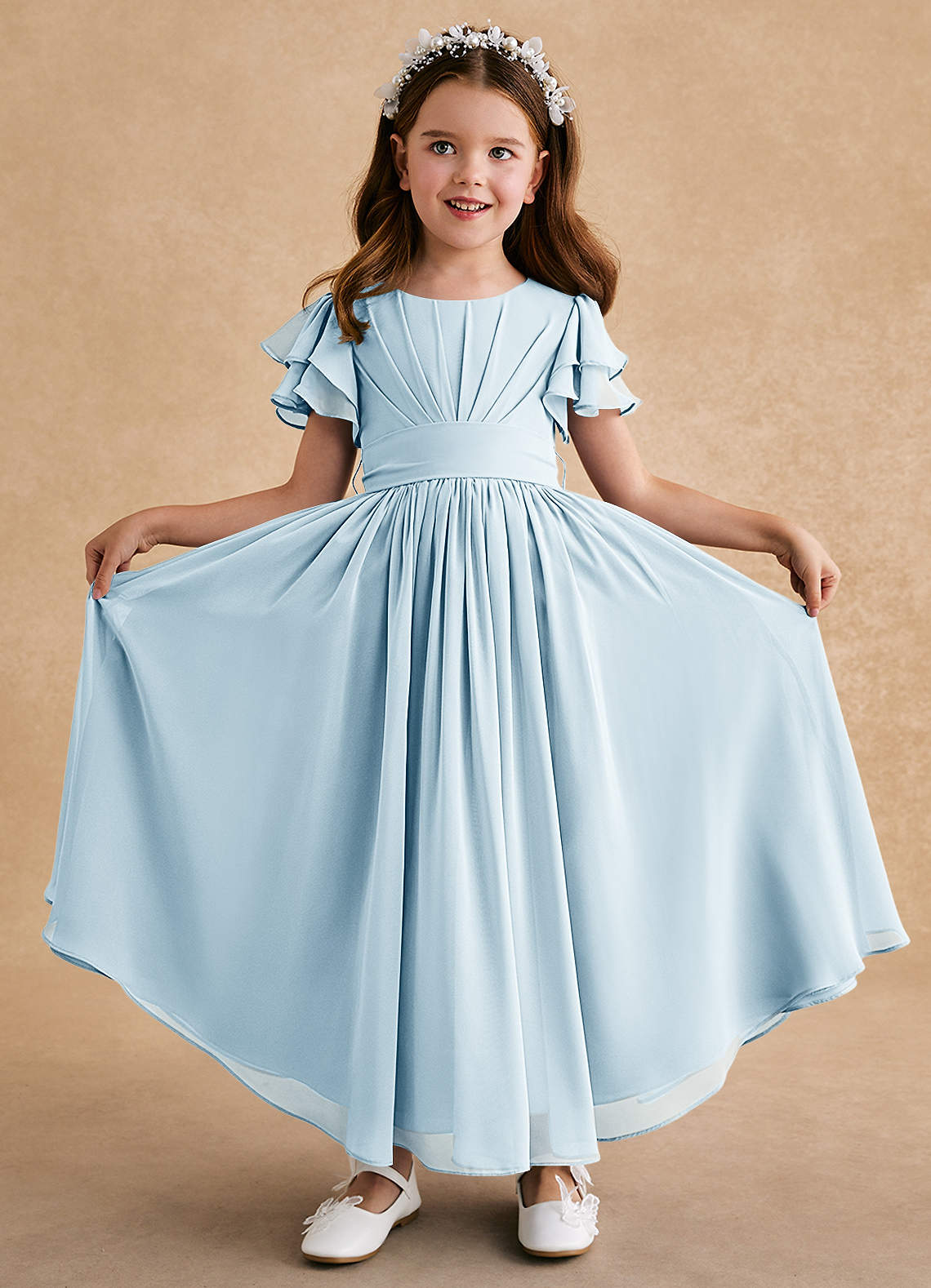 Azazie Ali Flower Girl Dresses Sky Blue A-Line Pleated Chiffon Dress image1