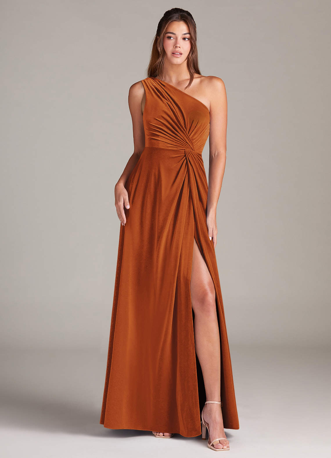 Azazie Brooke Bridesmaid Dresses Burnt Orange A-Line One Shoulder Velvet Dress image1