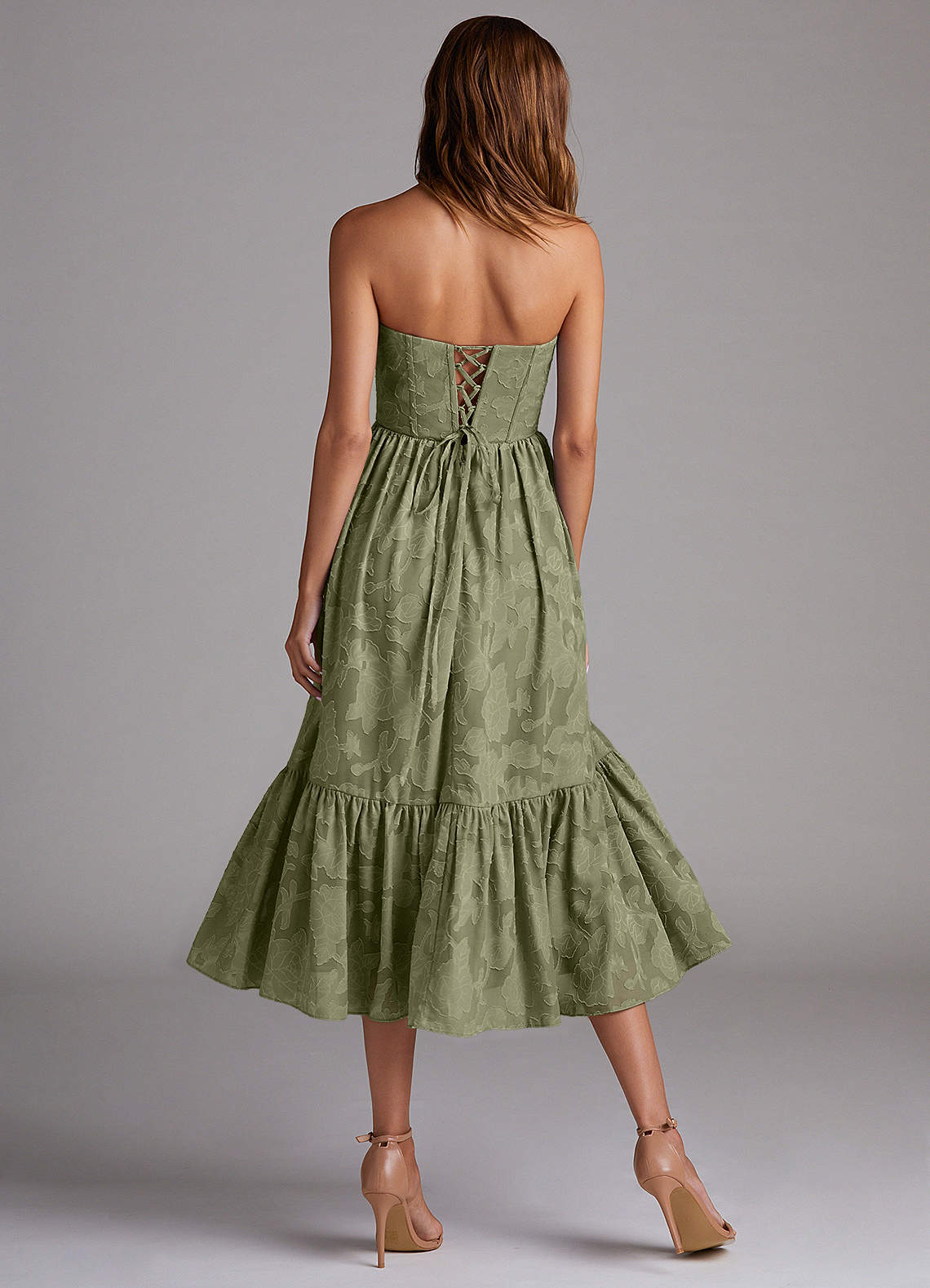 Azazie Delphina Bridesmaid Dresses Pistachio A-Line Strapless Floral Burnout Convertible Dress image3