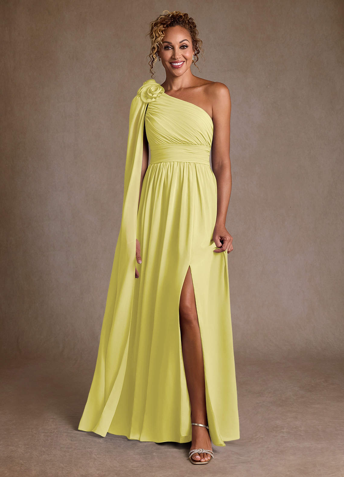 Azazie Lancaster Kleider für die Brautmutter A-Linie One-Shoulder Chiffon Kleid Zitronensorbet image1