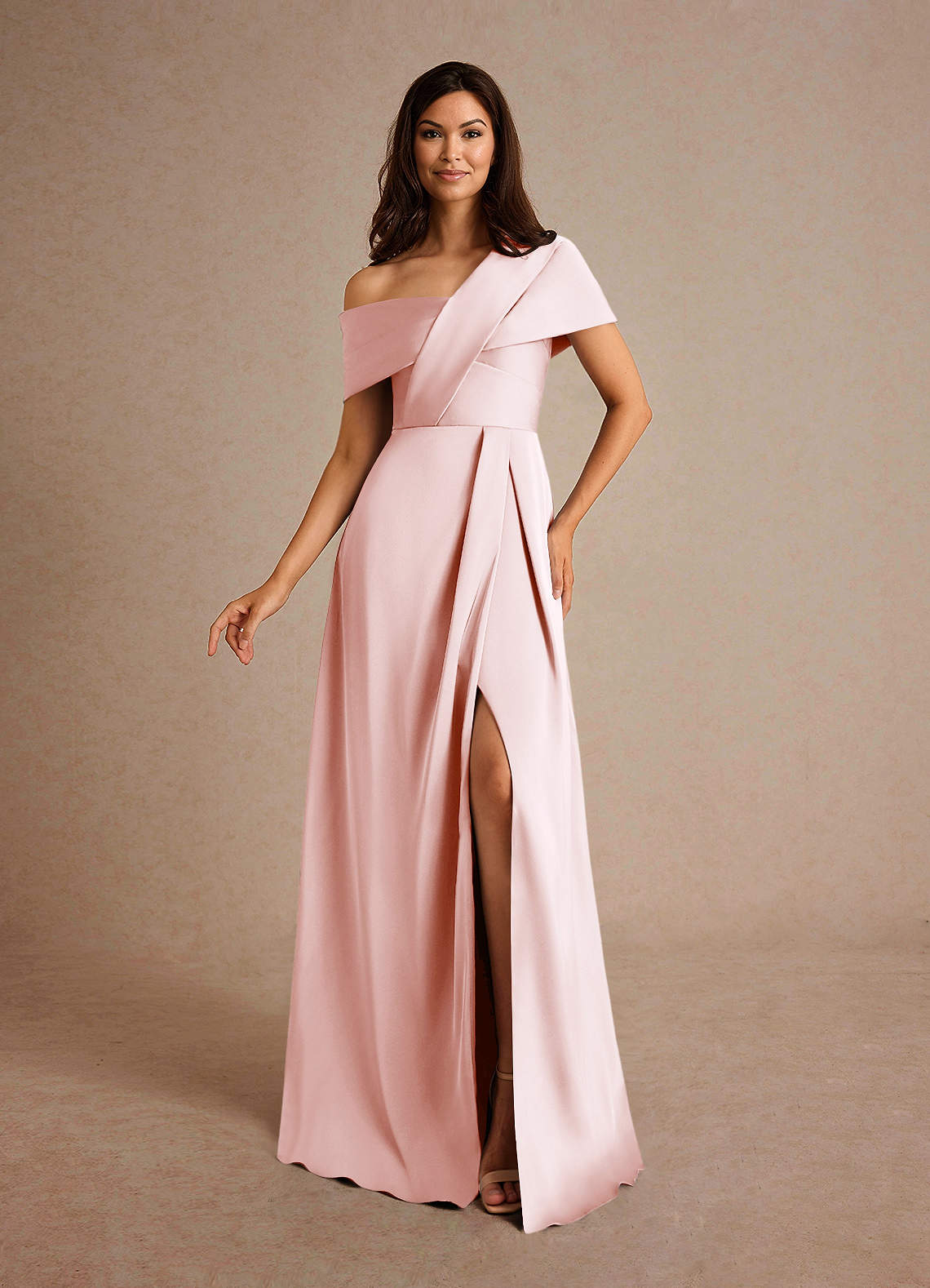 Azazie Milton Mother of the Bride Dresses Blushing Pink A-Line Pleated Stretch Satin Dress image1