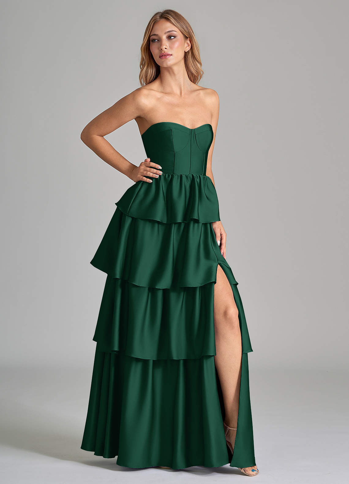 Azazie Faye Bridesmaid Dresses Dark Green A-Line Ruched Stretch Satin Dress image1