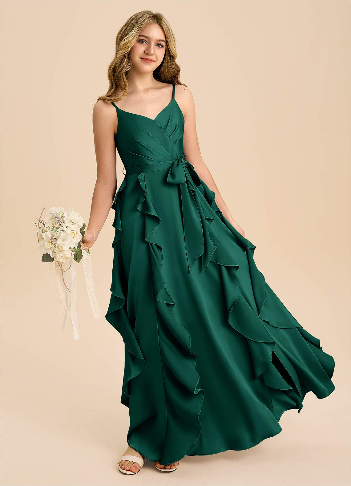 emerald green junior dress Azazie A-Line/Princess V-Neck Floor-Length Stretch Satin Bridesmaid Dresses Girls 2022