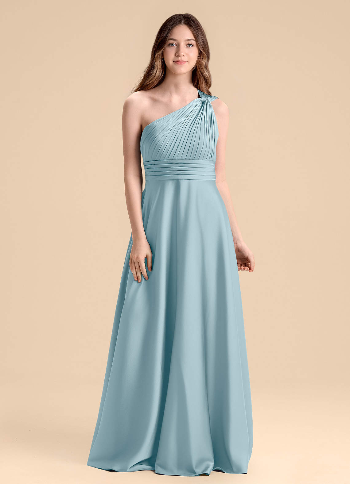 Azazie Charlize Junior Moody Blue A-Line Pleated Stretch Satin Dress image1