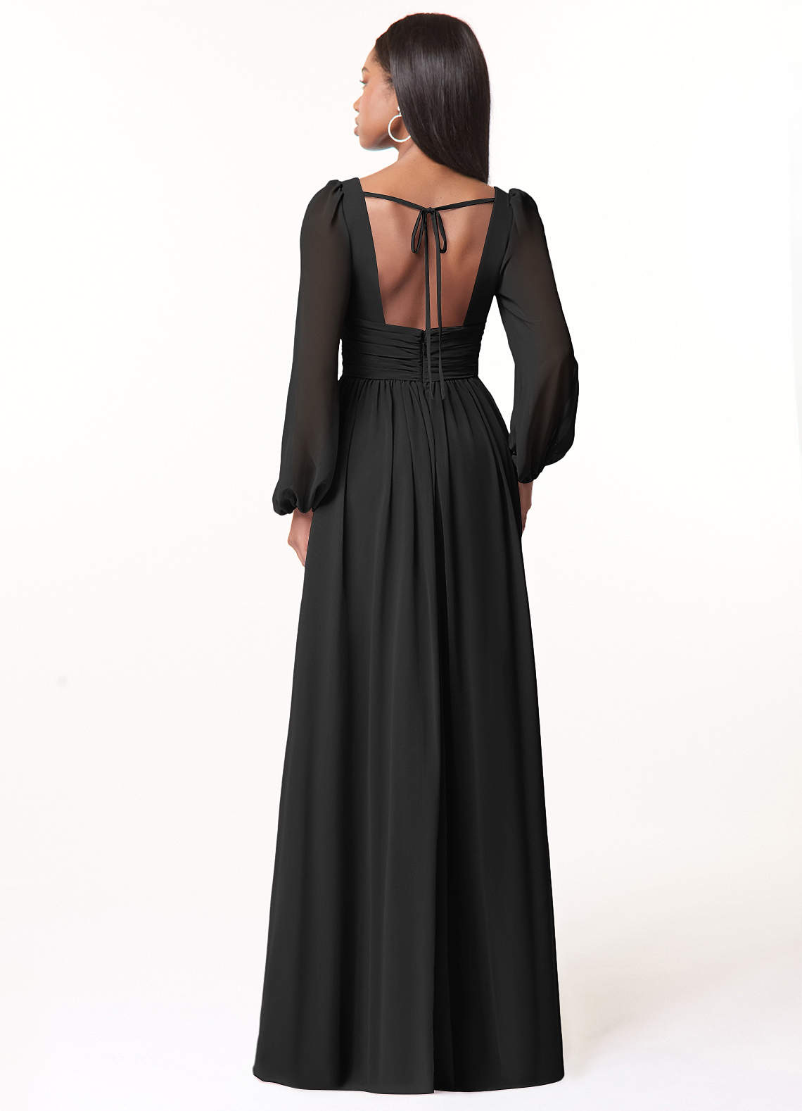 Azazie Norah Bridesmaid Dresses Black A-Line V-Neck Long Sleeve Chiffon Dress image1