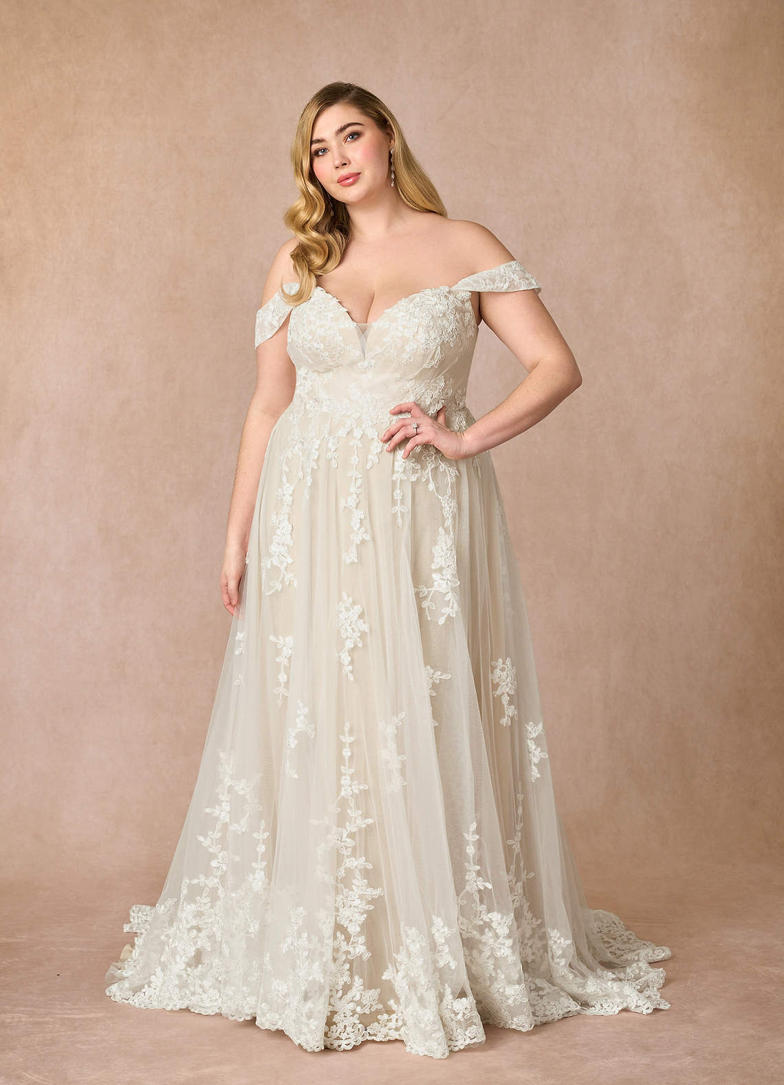 Azazie Botanica Hochzeitskleider A-Linie Schulterfrei Tüll Kleid Diamantweiß Nude image1