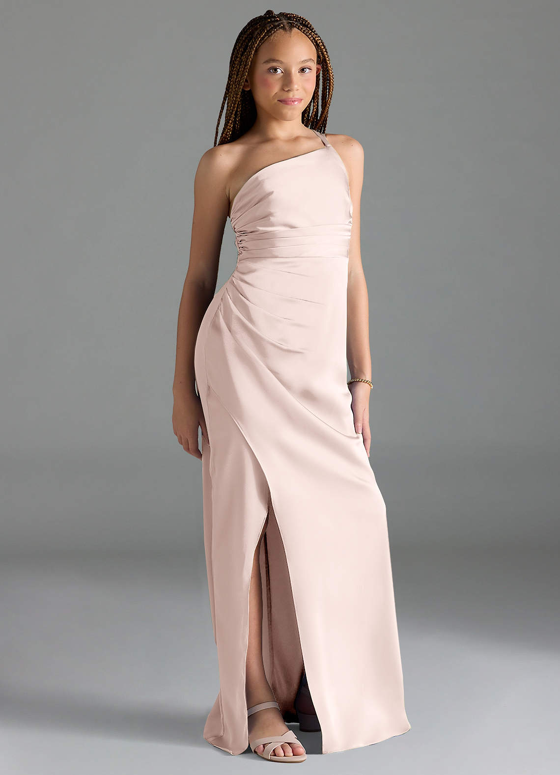 Azazie Eren Junior Blushing Pink Sheath Pleated Stretch Satin Dress image1