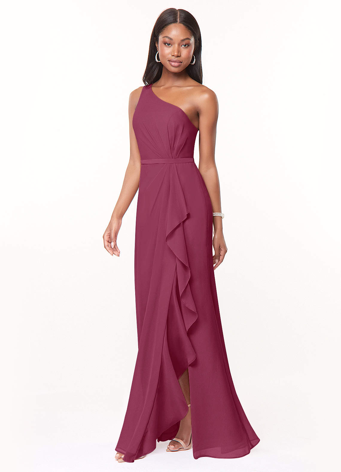 Azazie Liza Vestidos de damas de honor Vestido de Mora de Gasa de Corte Sirena con Hombro unilateral image1