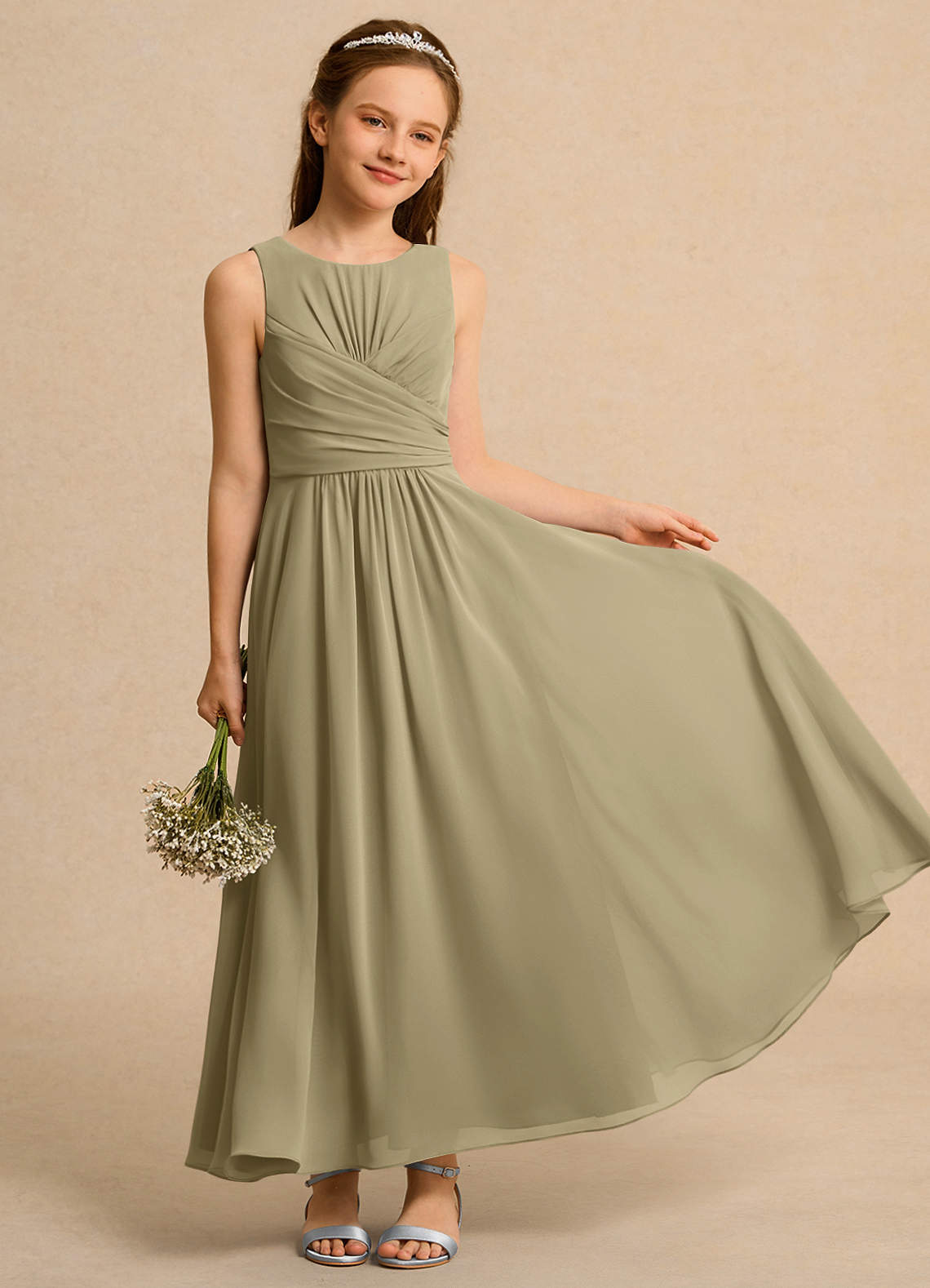 Azazie Ducky Girls Formal Moss Green A-Line Pleated Chiffon Dress | Azazie