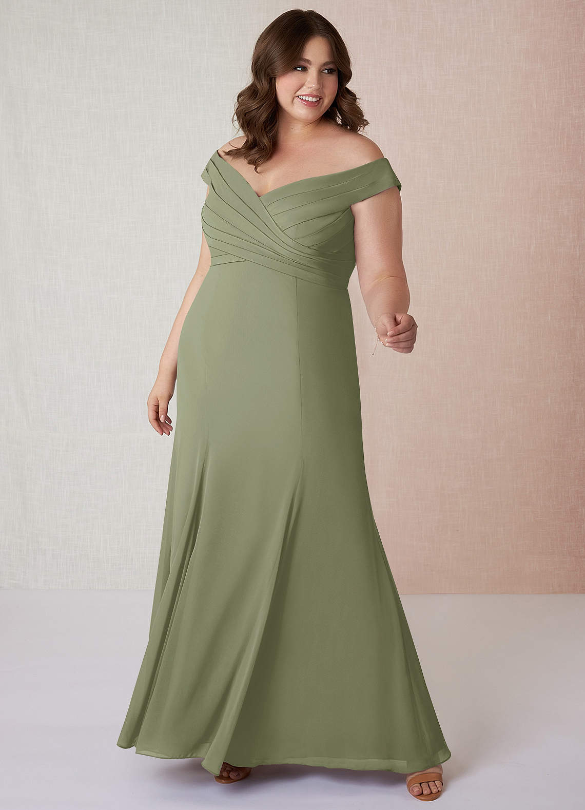 Azazie Lecia Bridesmaid Dresses Pistachio Empire Off-The-Shoulder Pleated Chiffon Convertible Dress image1