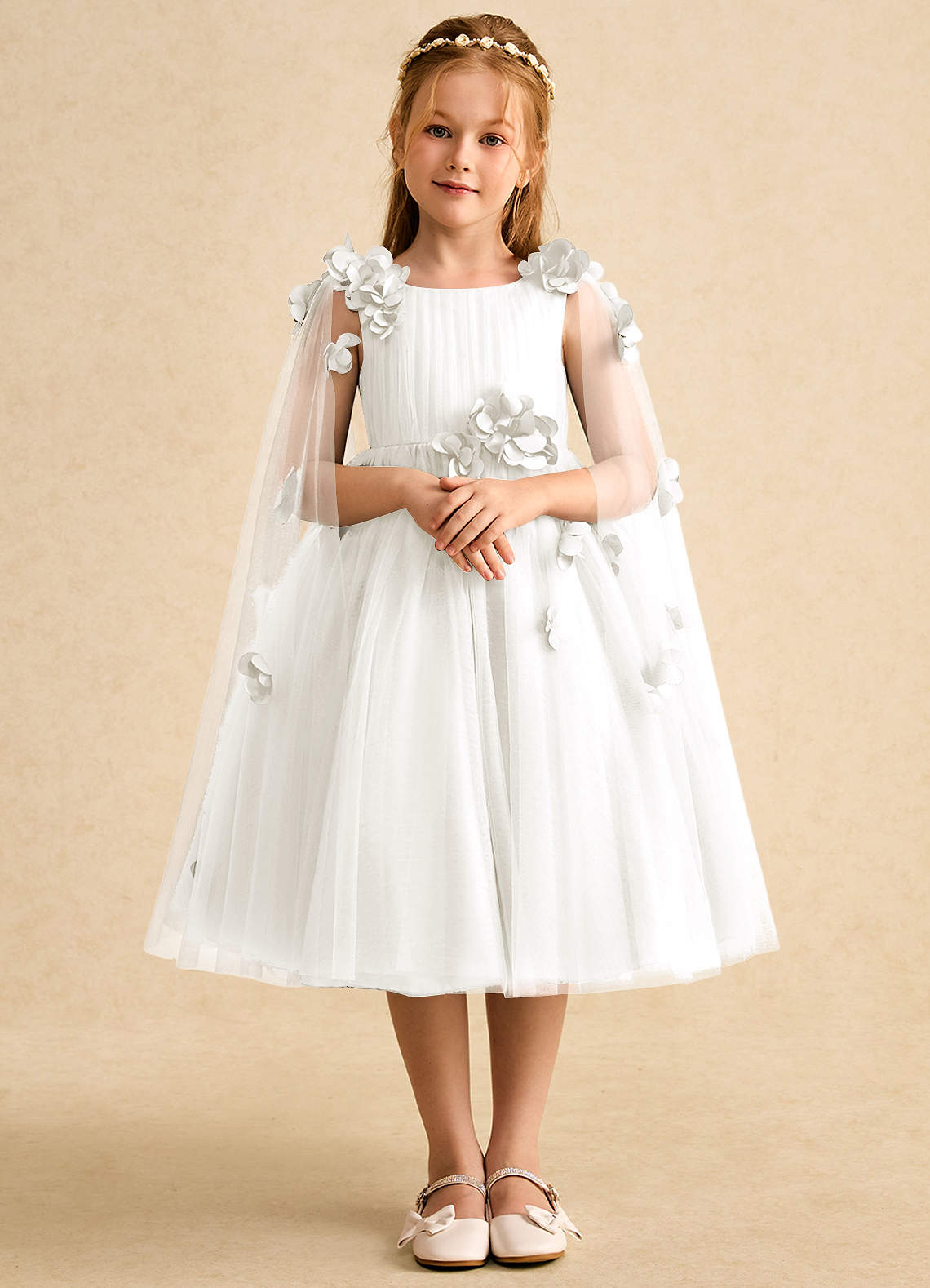 Azazie Staria Flower Girl Dresses Ivory Ball-Gown Ruched Tulle Dress image1