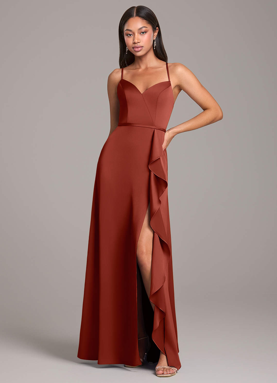 Azazie Naeem Bridesmaid Dresses Terracotta A-Line Stretch Satin Dress image1