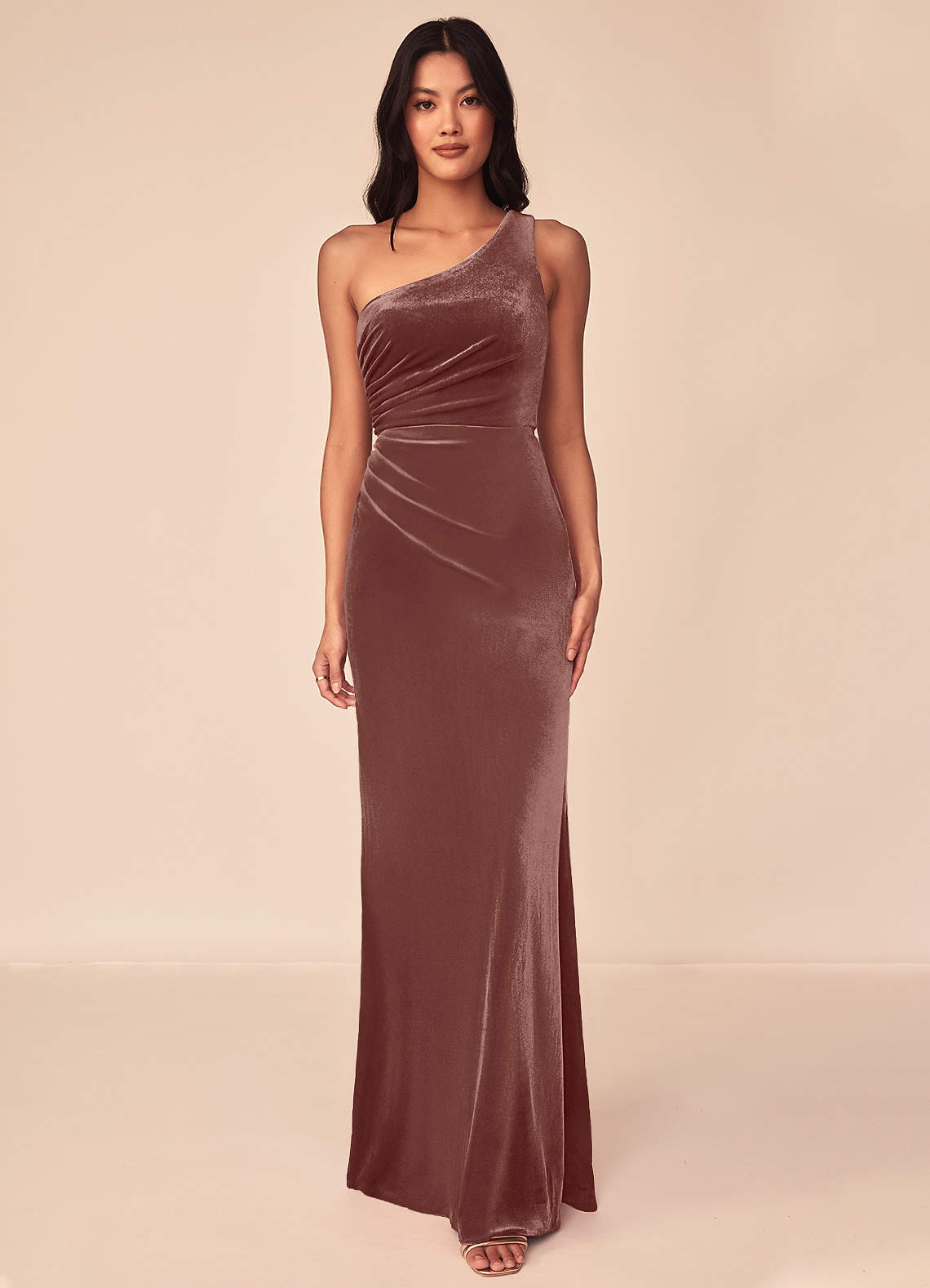 Azazie Argan Bridesmaid Dresses Rustic Rose A-Line One Shoulder Pleated Velvet Dress image1