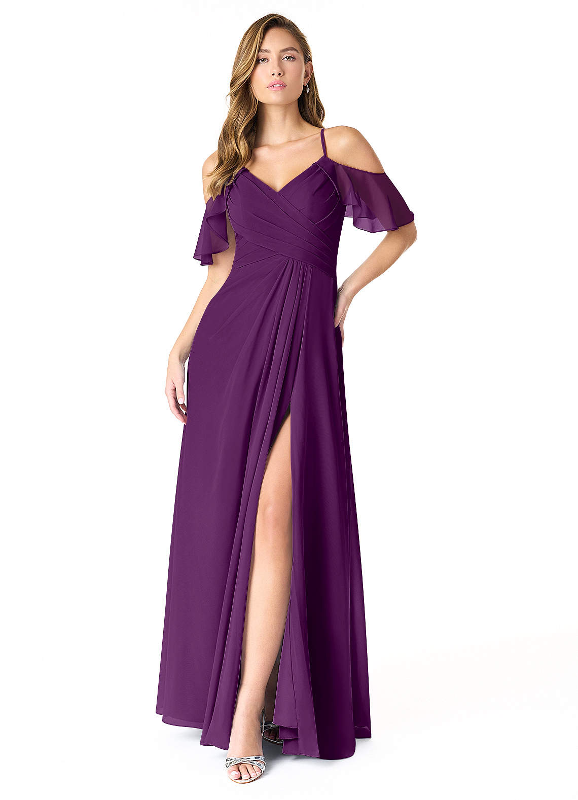 Azazie Dakota Abiti da Damigella Abito A-Line in Chiffon con Scollo a V a Pieghe Uva image1