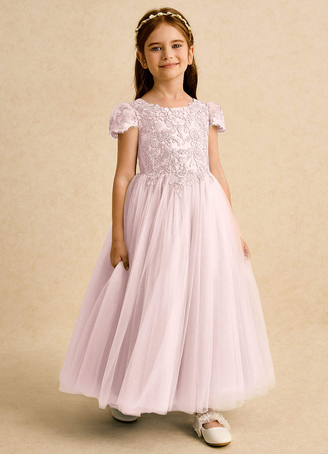Azazie Puff Flower Girl Dresses Blushing Pink Ball-Gown Lace Tulle Dress image5