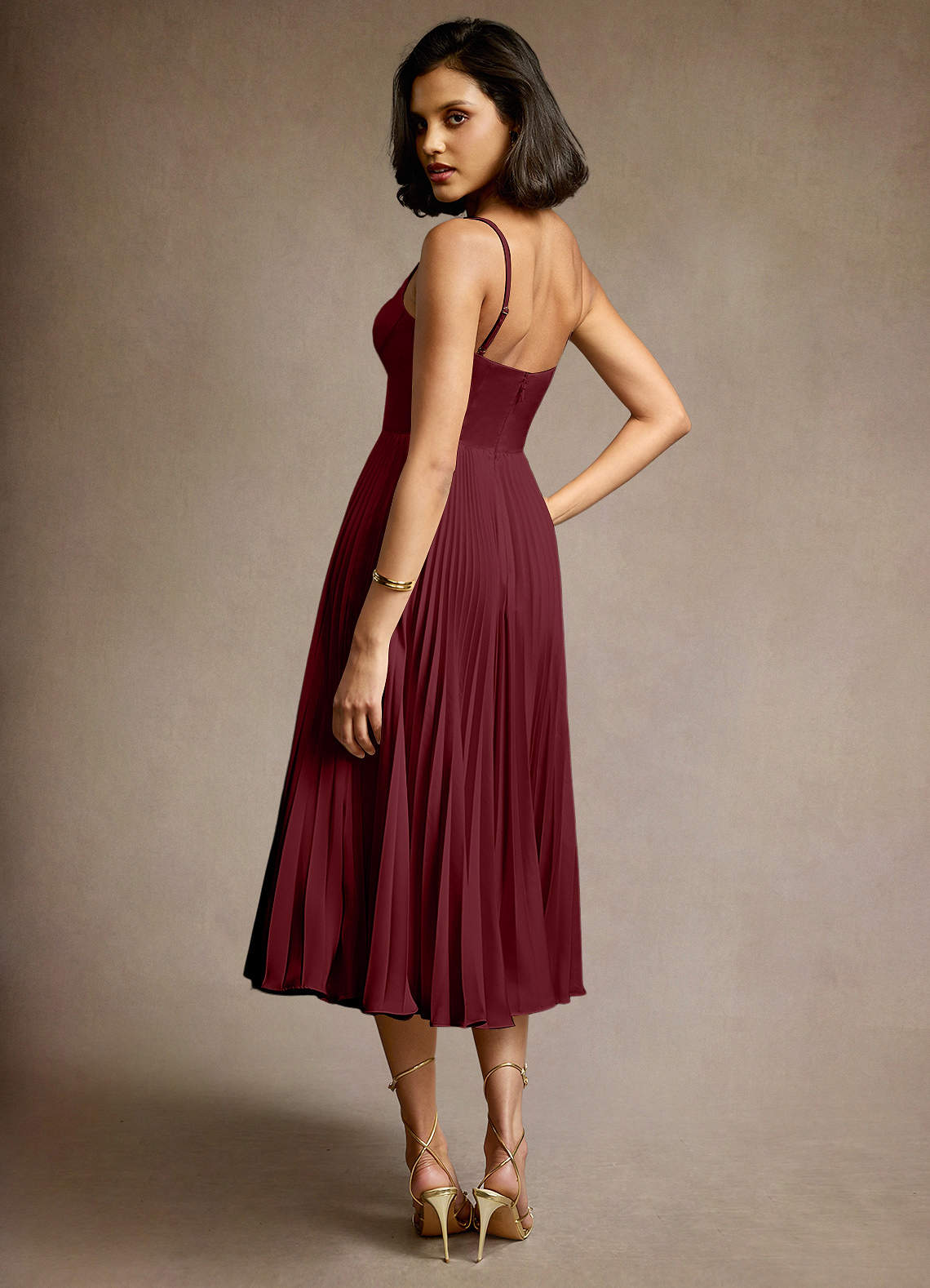 Emma Wine Pleated Midi Dress | Azazie